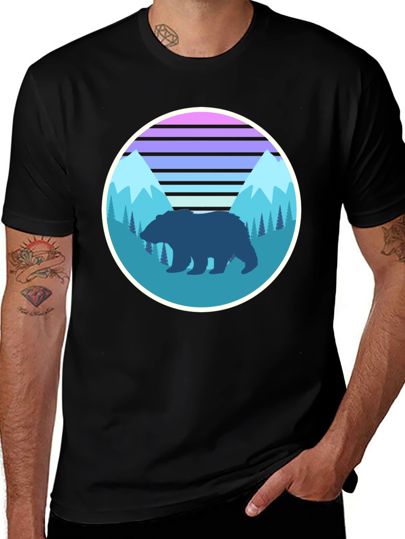Variant 8 of Retro Bear Mountain Graphic Tee - Black Cotton T-Shirt