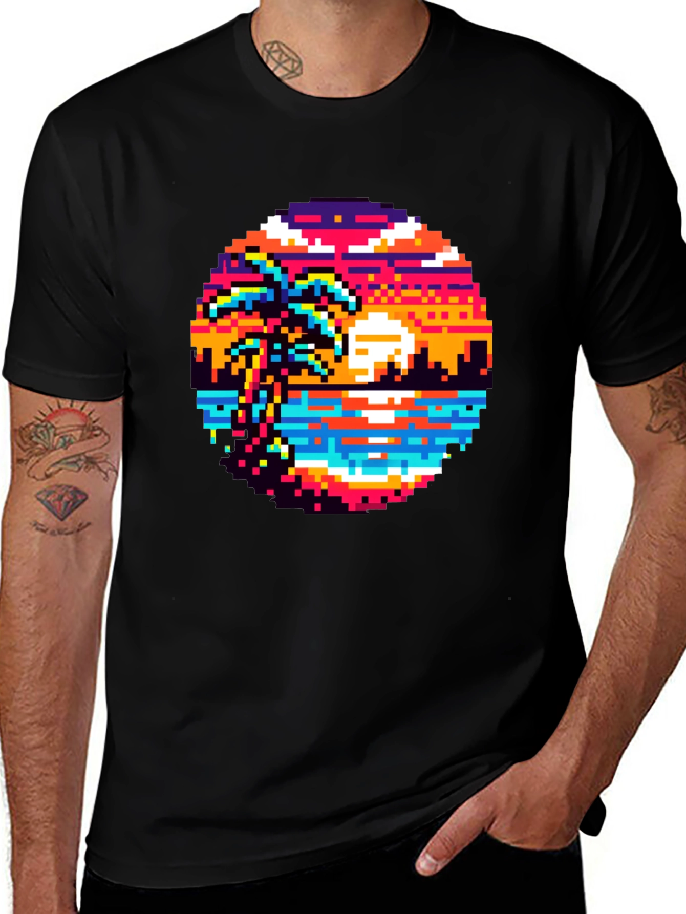 Variant 27 of Retro Pixel Art Sunset T-Shirt - Palm Tree Design
