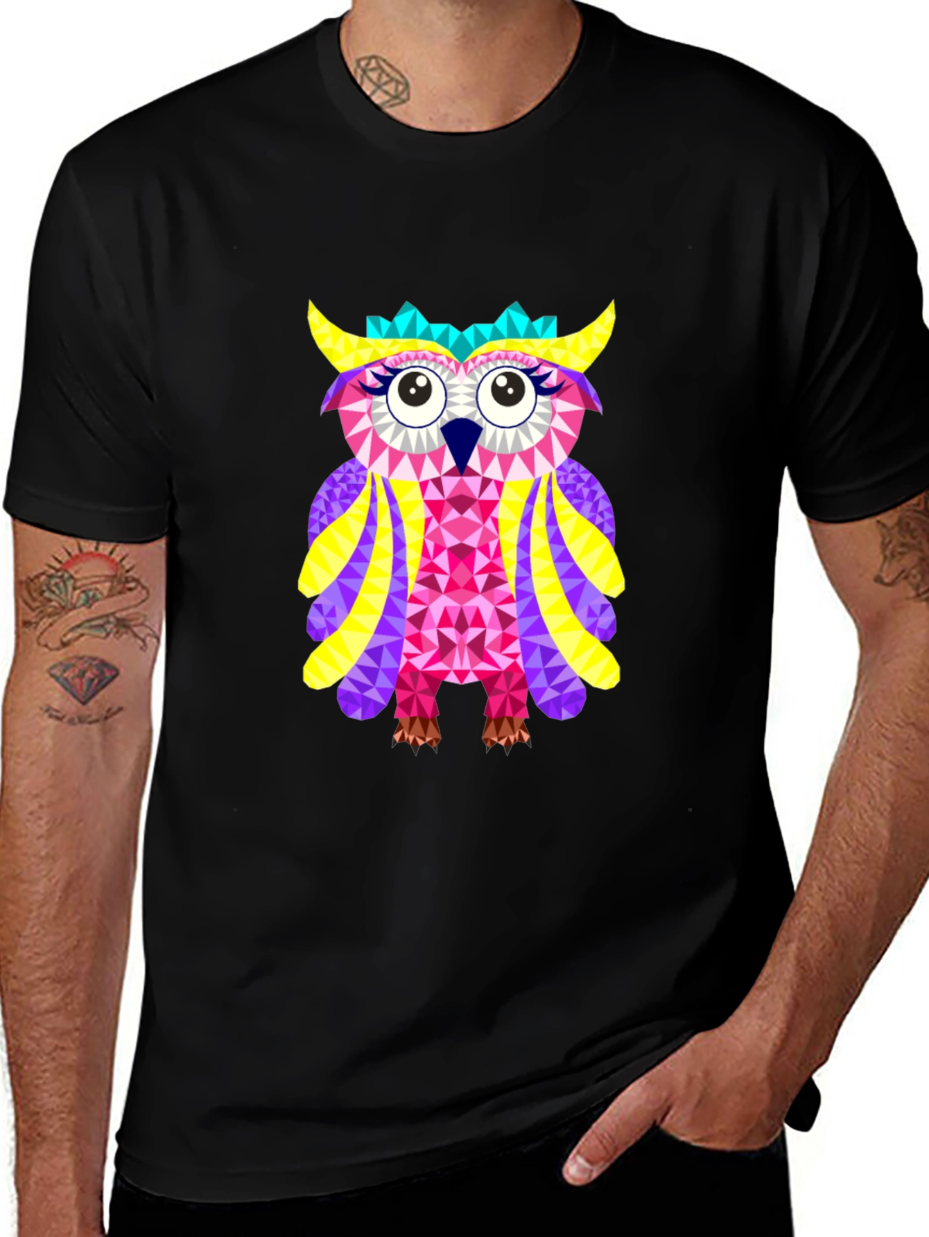 Variant 18 of Geometric Owl Graphic Tee - Black Cotton Shirt