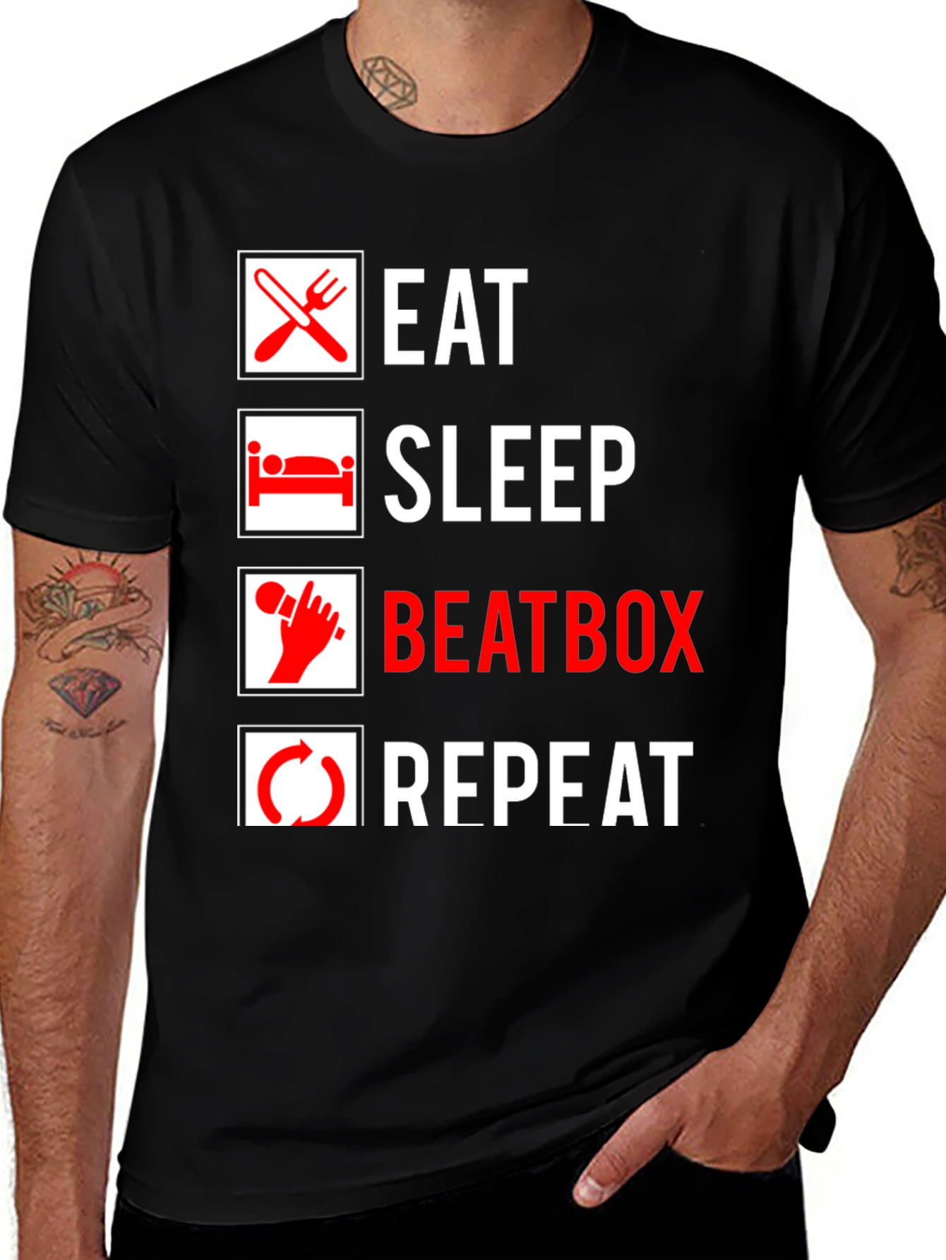 Variant 18 of Eat Sleep Beatbox Repeat Black Graphic T-Shirt