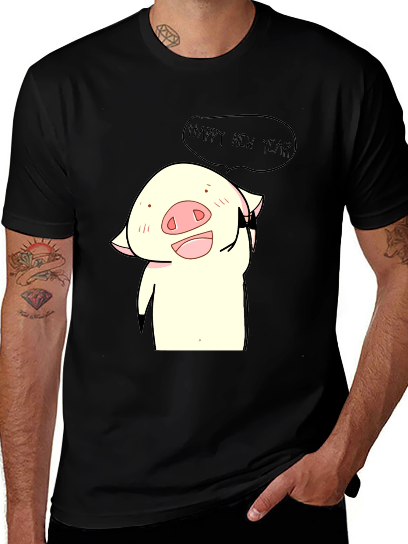 Happy New Year Pig Graphic Tee - Black
