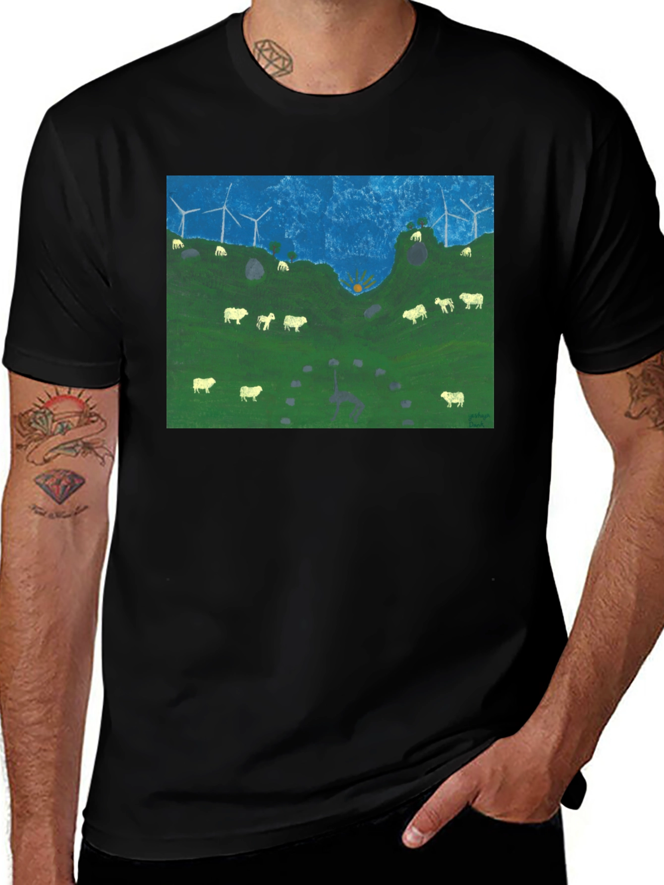 Black Wind Turbines & Sheep Graphic Tee main image