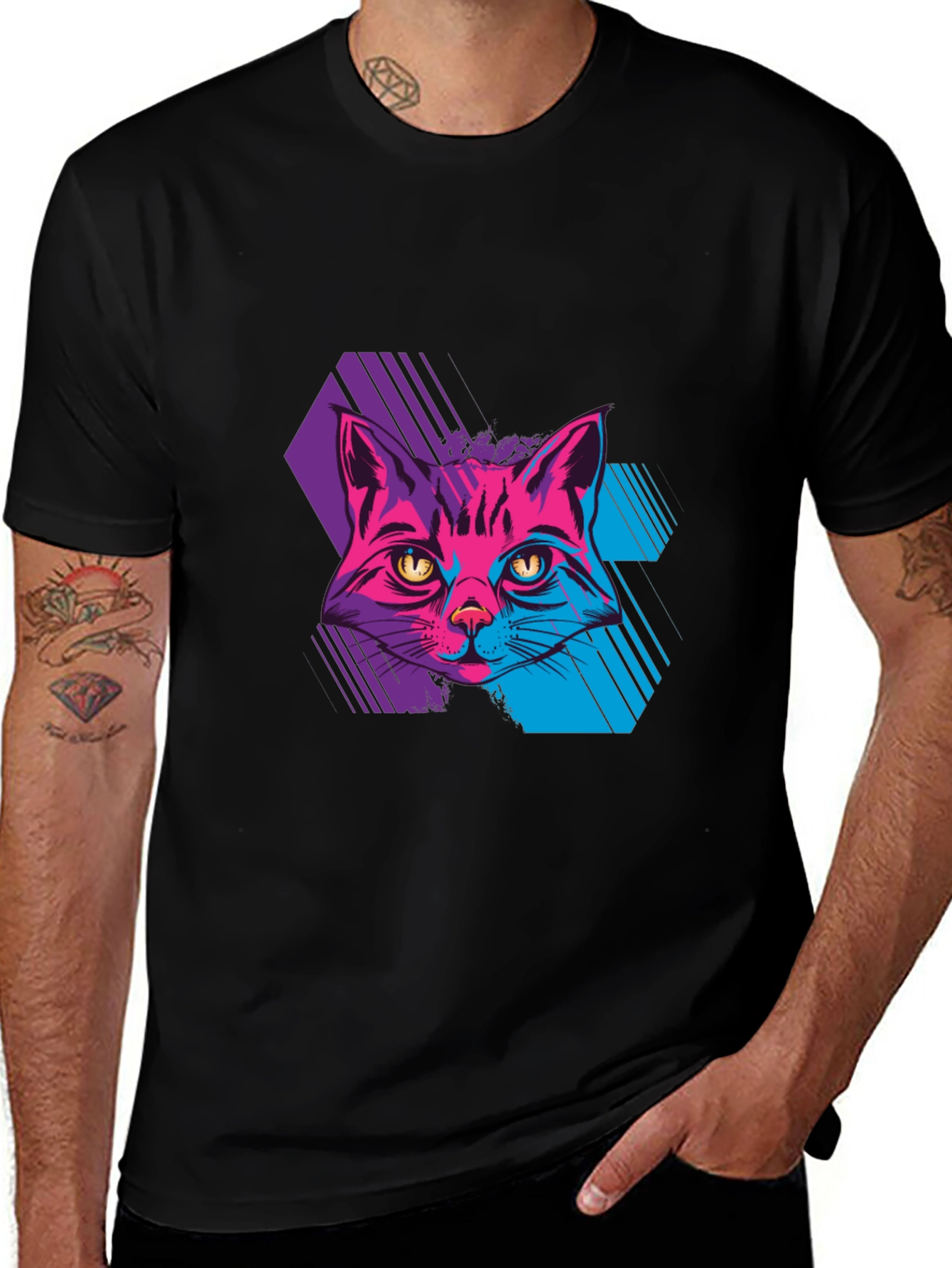 Variant 21 of Vaporwave Cat Graphic Tee - Trendy Black T-Shirt