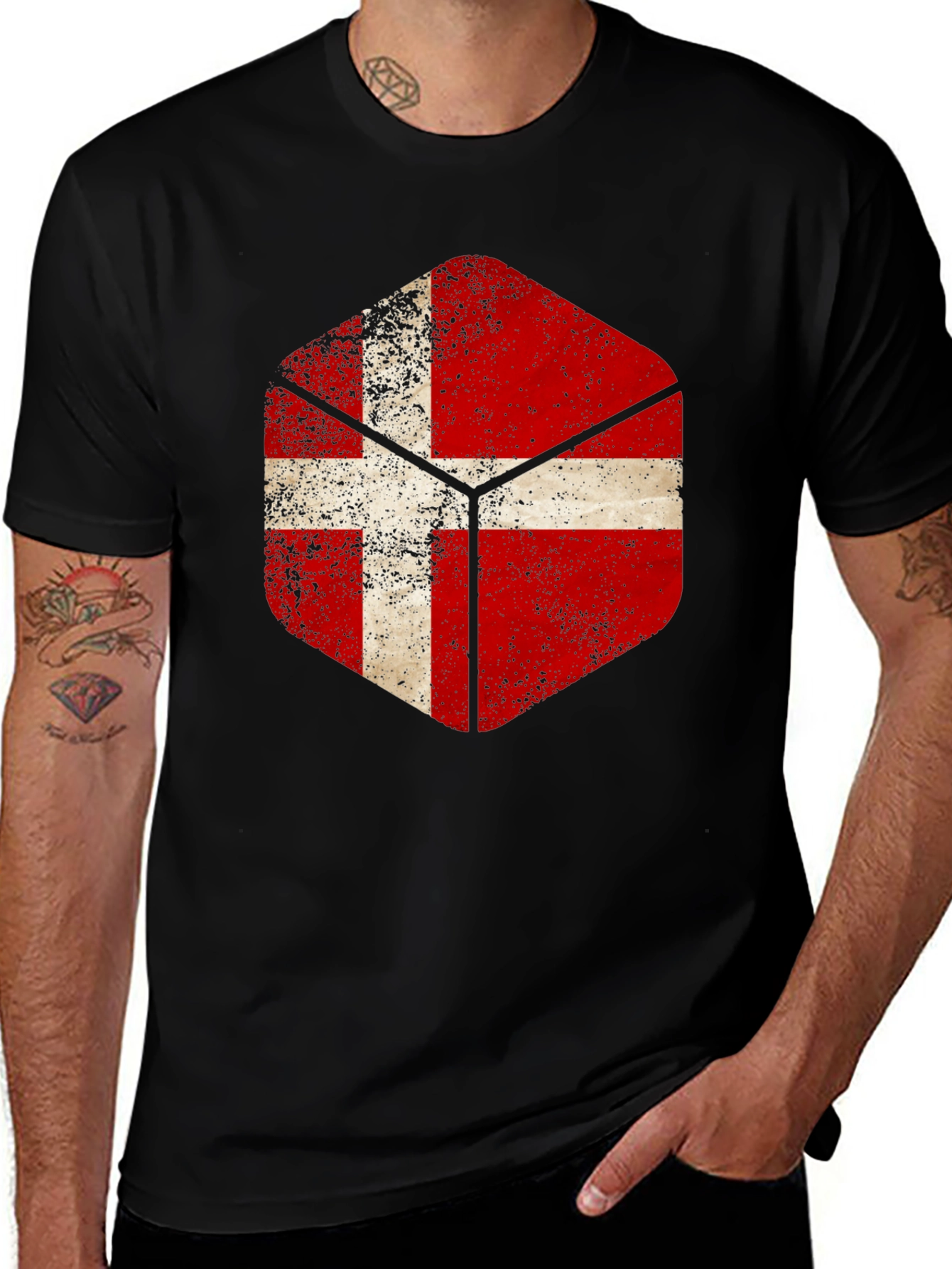Danish Flag Hexagon Men's Black T-Shirt