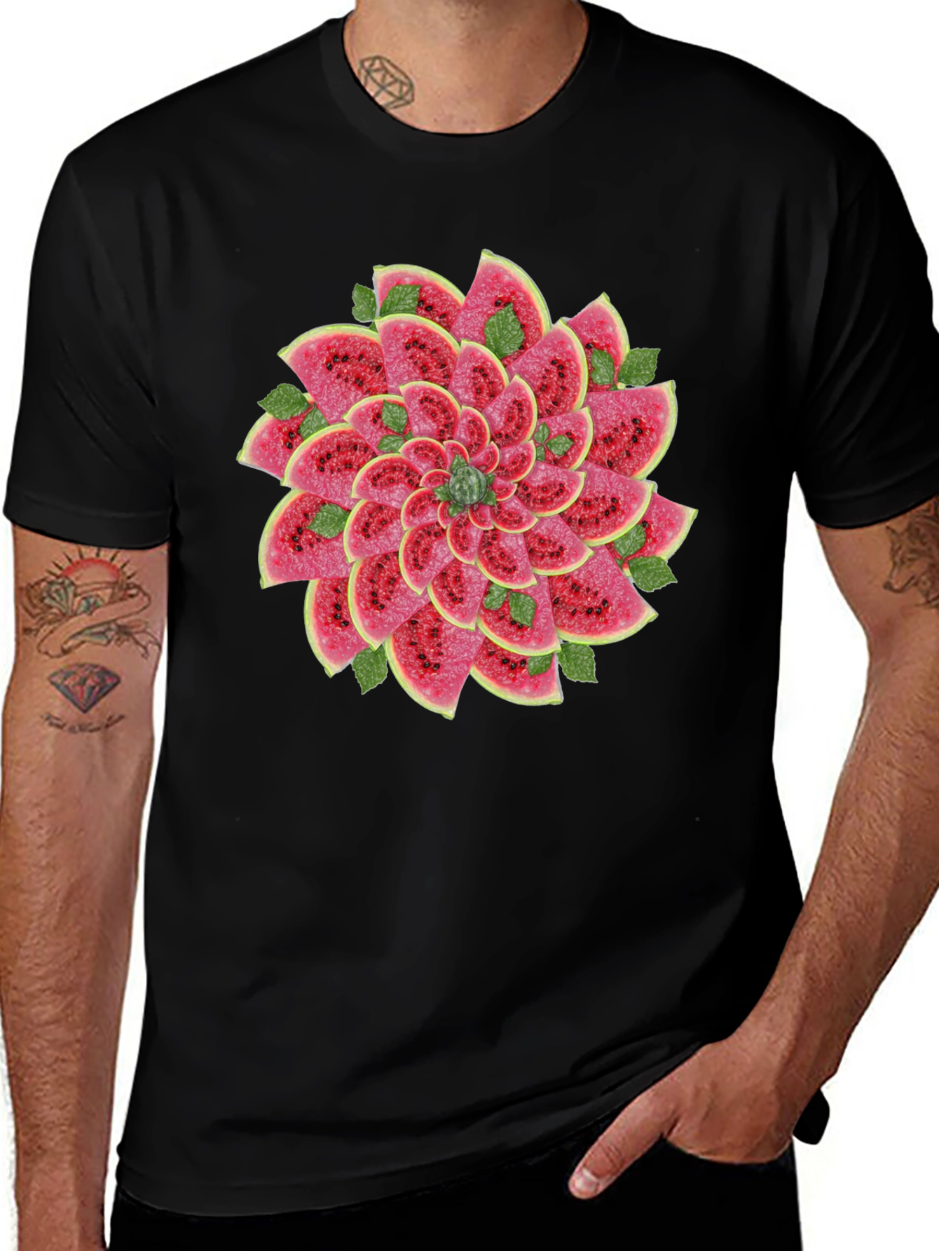 Variant 15 of Watermelon Slice Flower Graphic Black T-Shirt