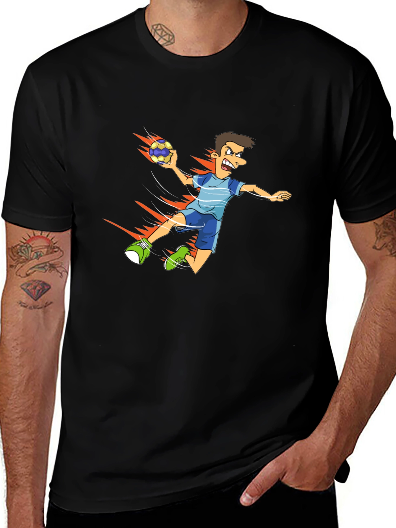 Variant 26 of Handball Player Cartoon Black T-Shirt