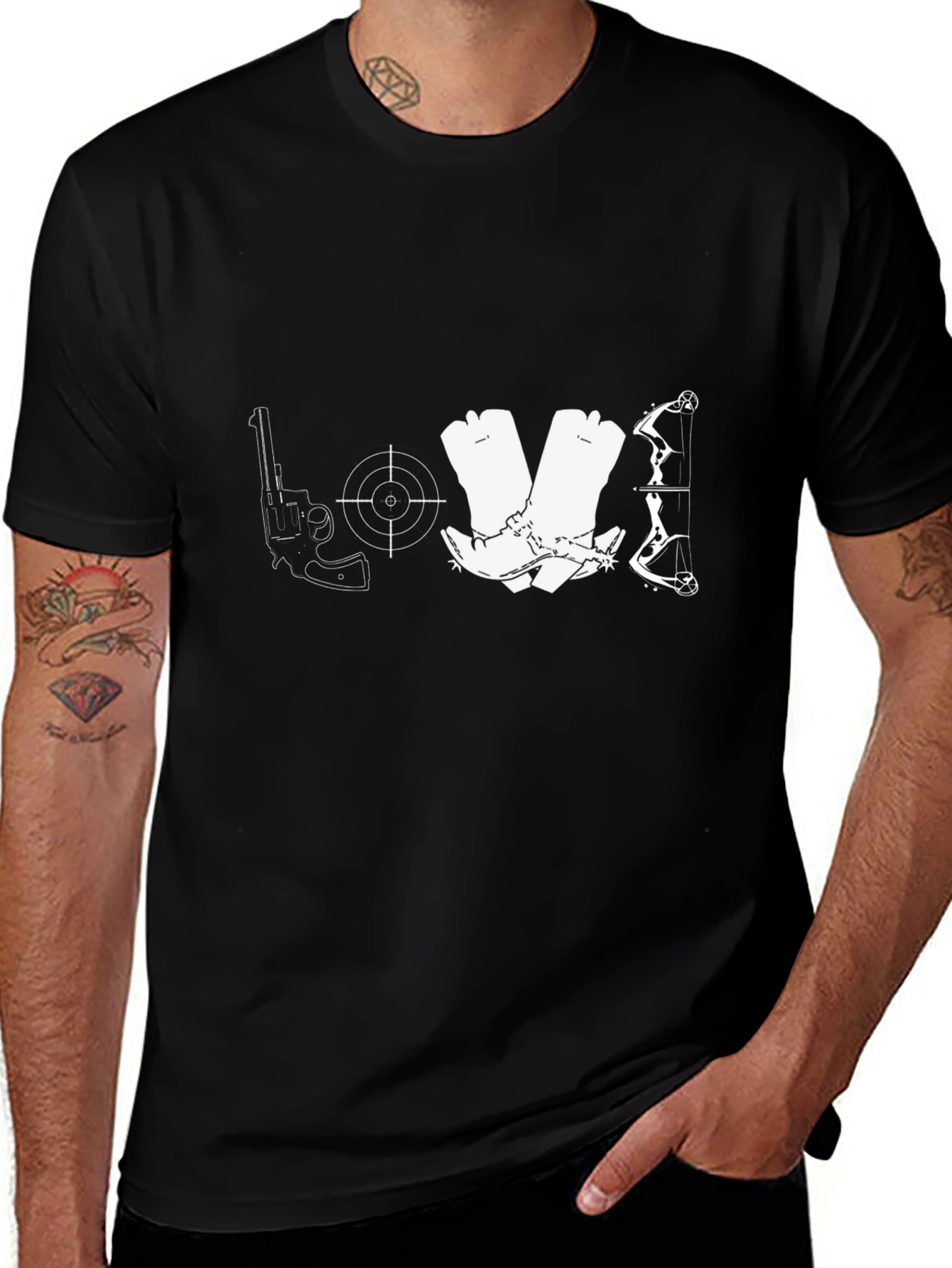 Variant 19 of Hunting T-Shirt: Gun, Boots, Bow, Target
