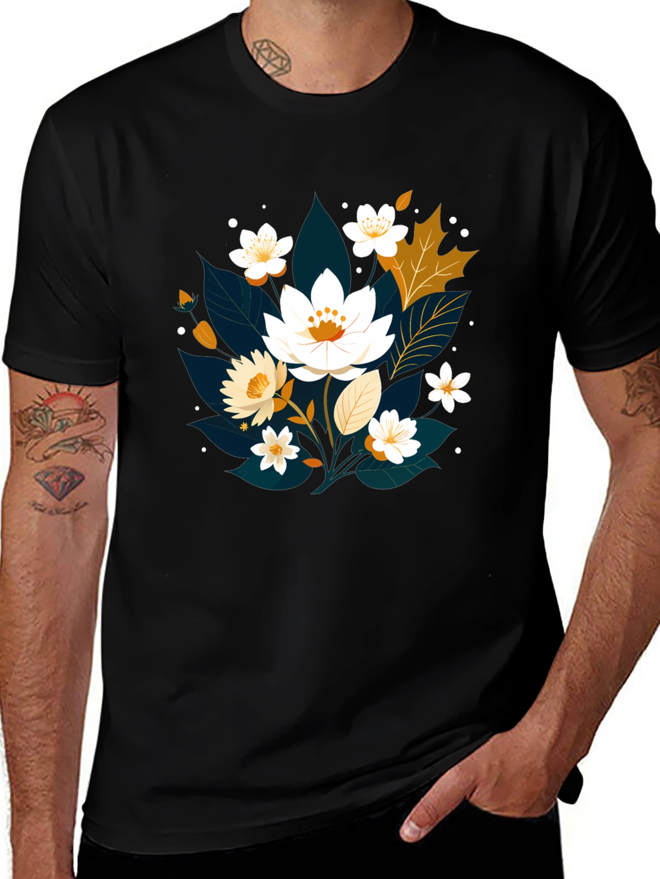 Variant 21 of Floral Print Black T-Shirt - Nature Inspired Design