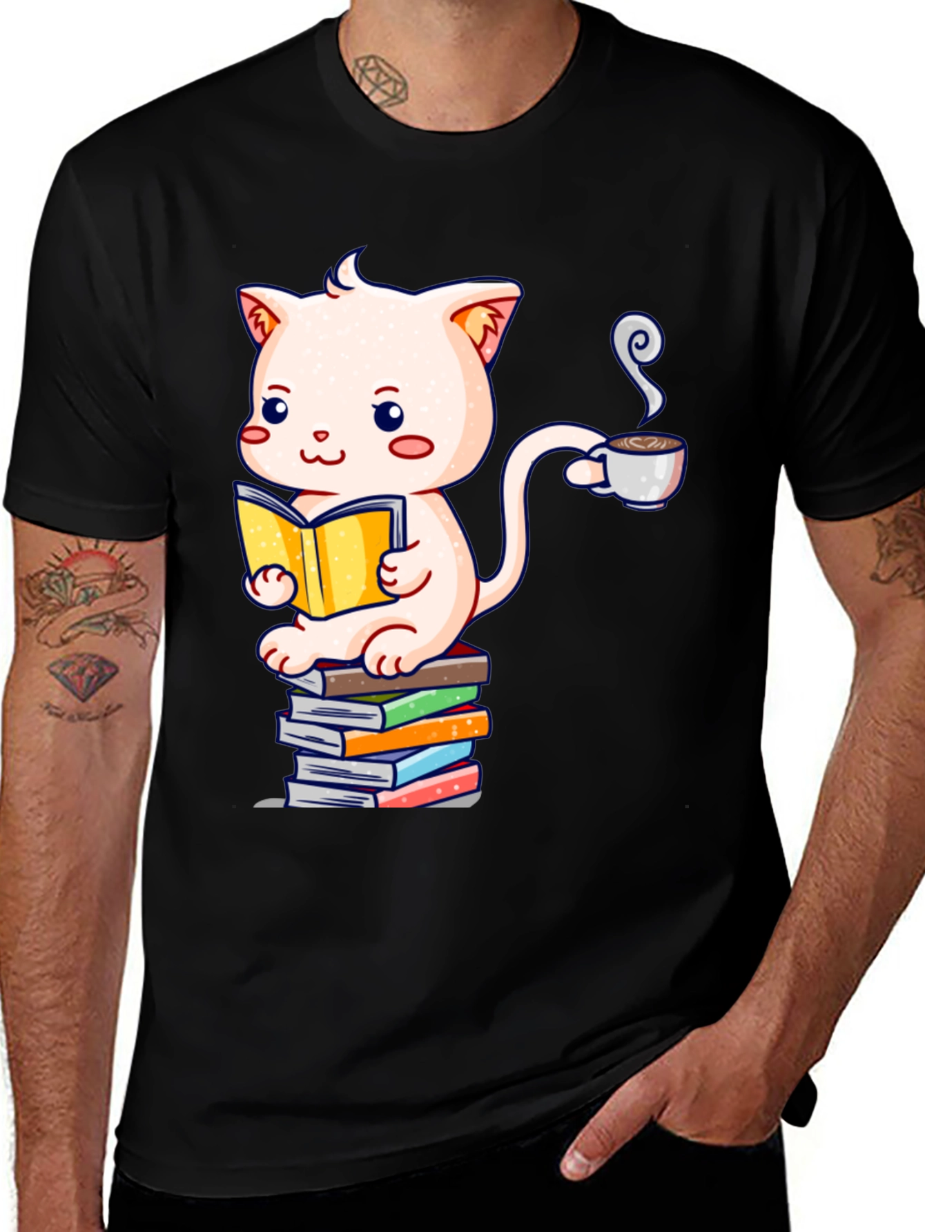 Cute Cat Reading Book Graphic T-Shirt