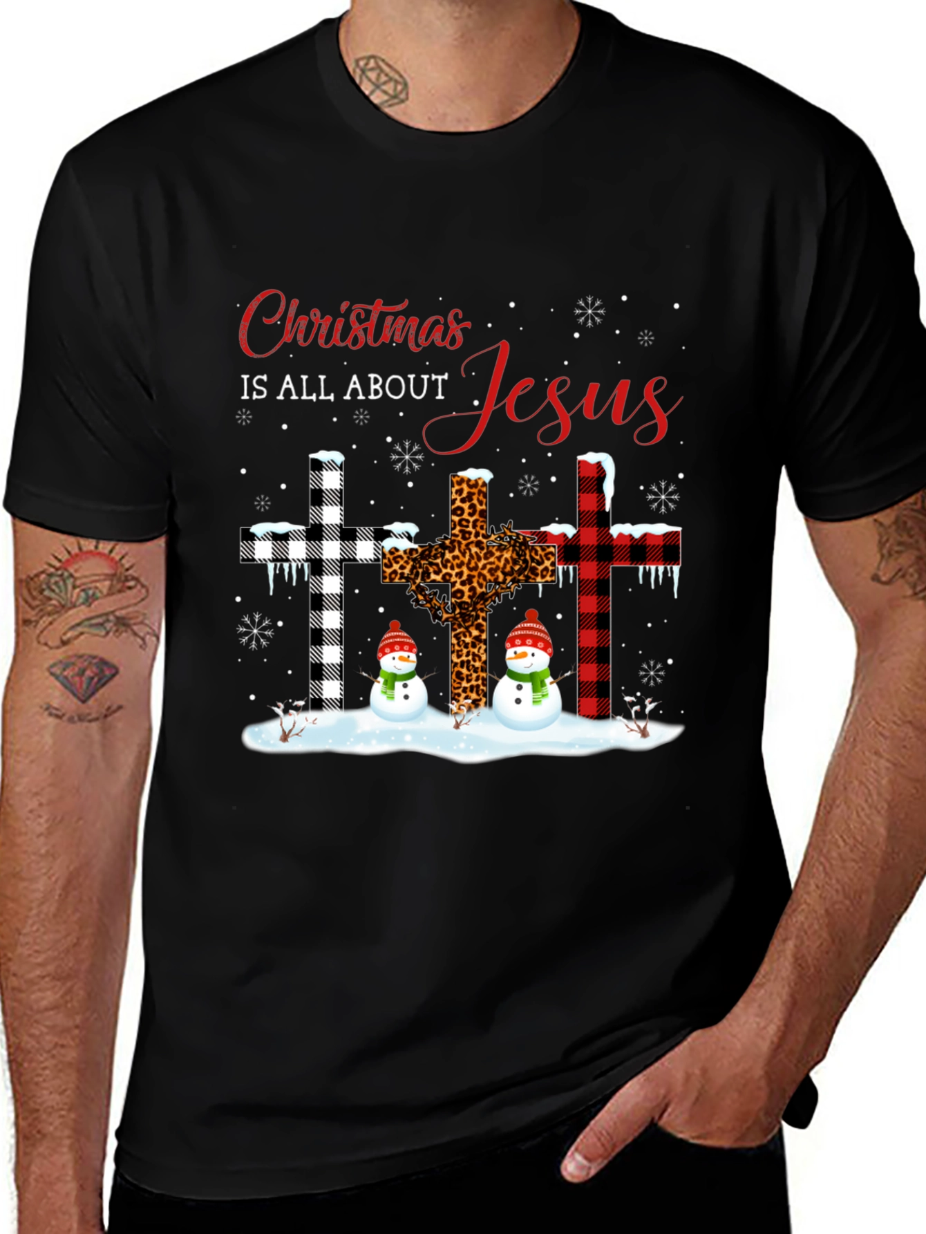 Christmas Jesus Crosses Snowmen Black T-Shirt