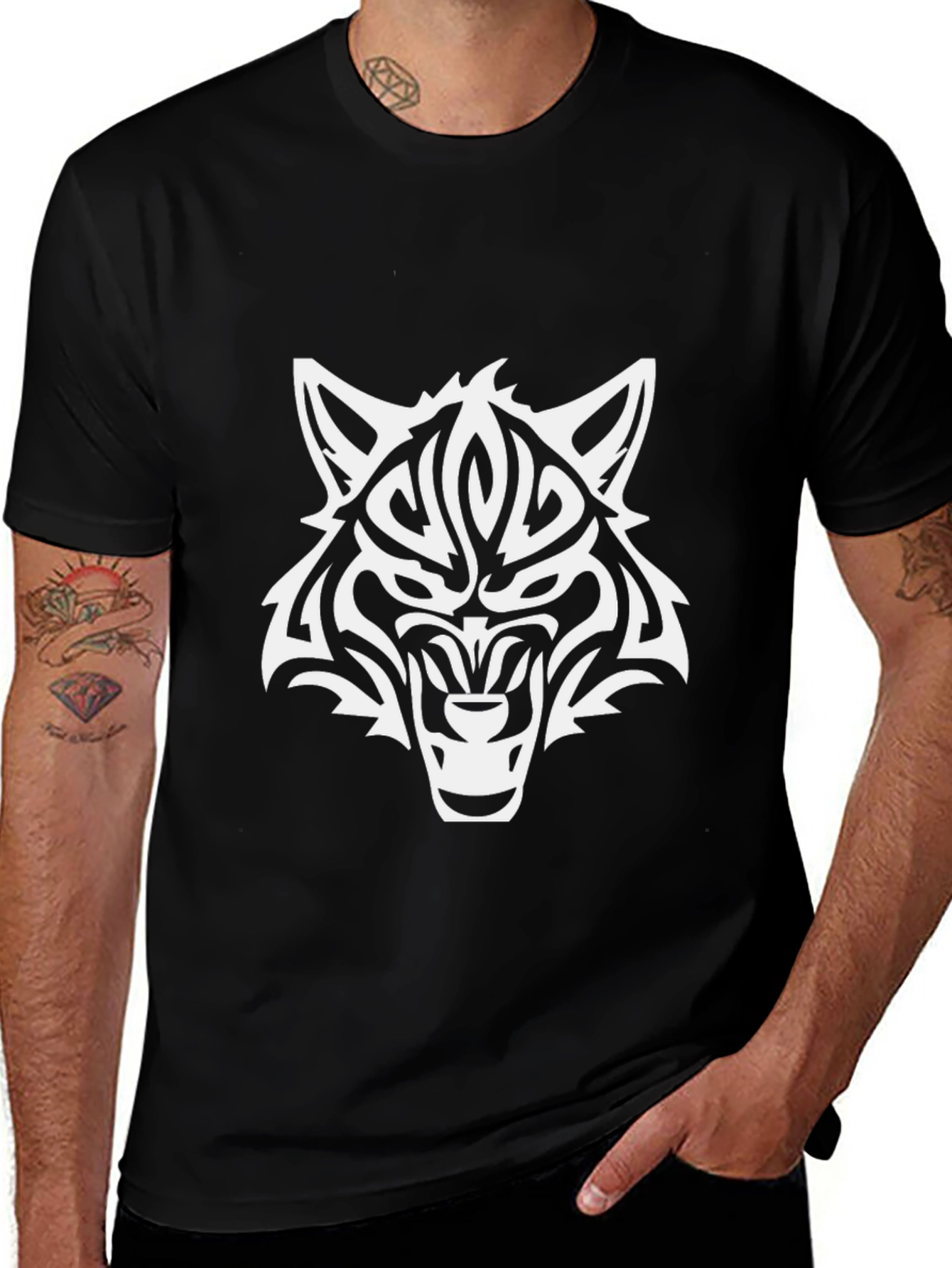 Variant 7 of Men's Wolf Graphic Tee - Tribal Style