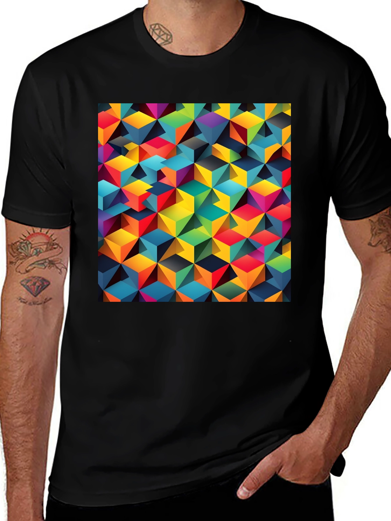 Geometric 3D Cube Pattern Black T-Shirt