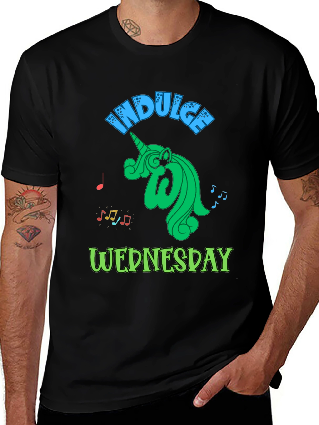 Indulge Wednesday Black T-Shirt, Unicorn Design