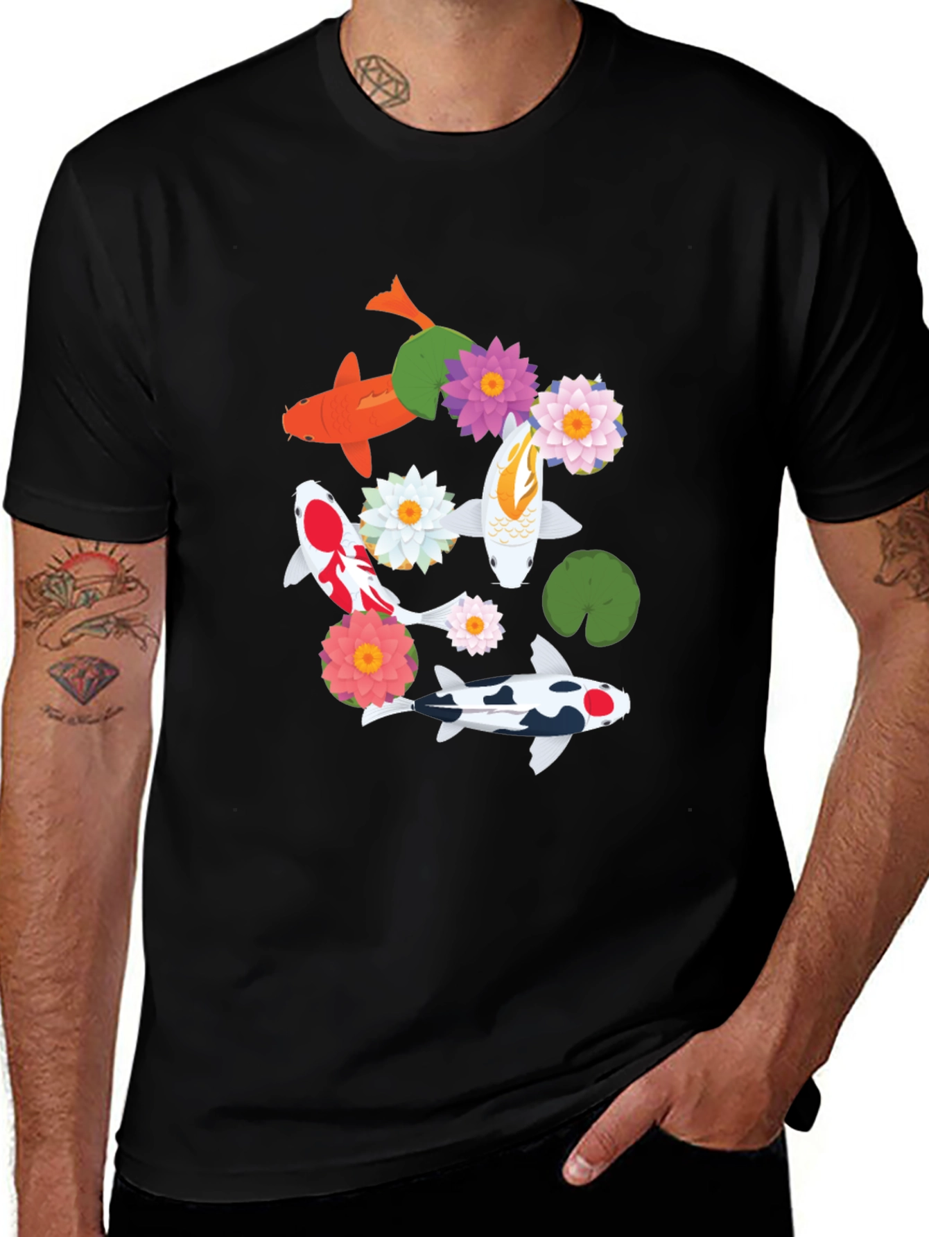 Variant 23 of Koi Fish & Lotus Graphic Tee - Trendy Black T-Shirt