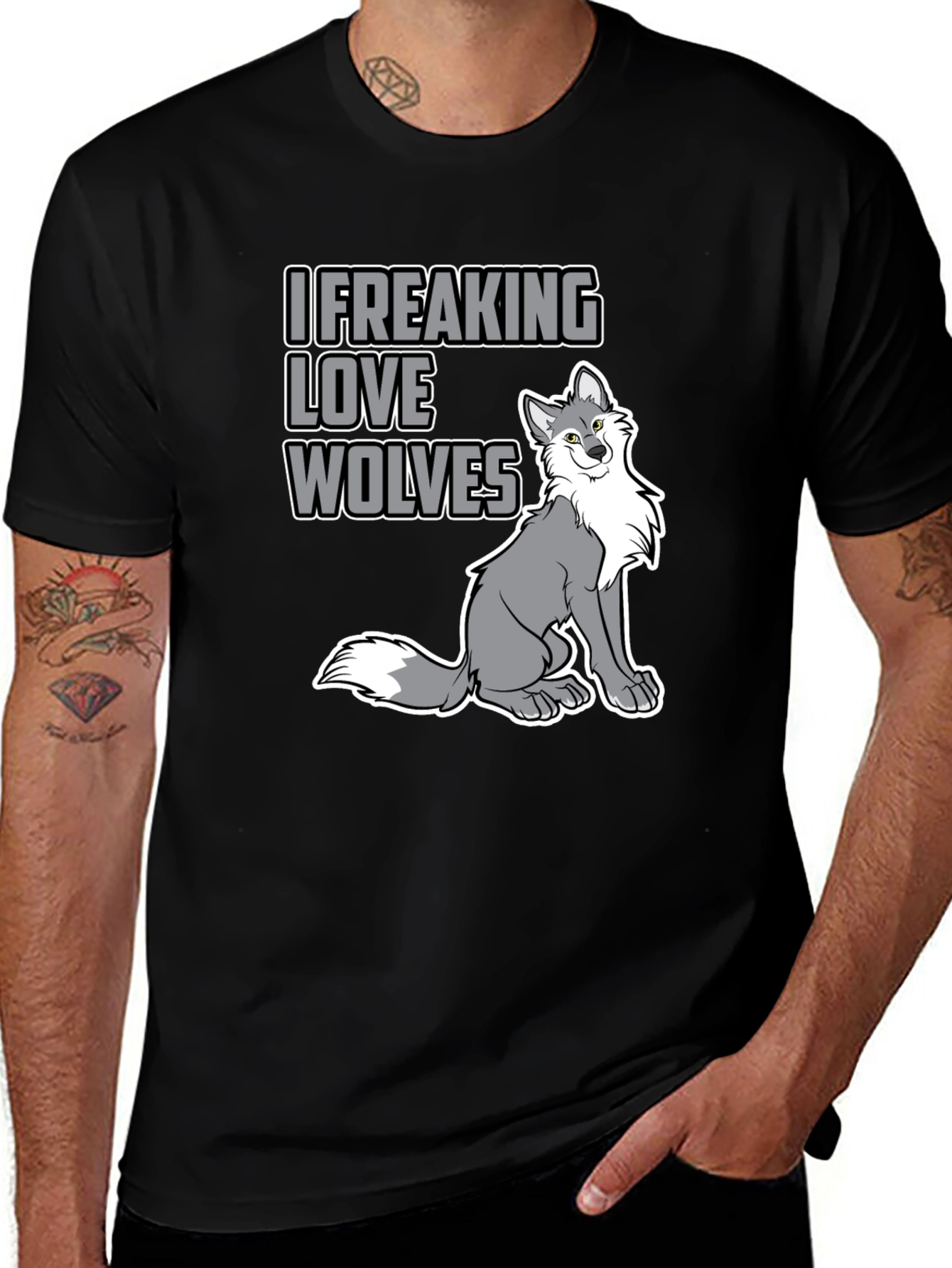 Variant 5 of I Freaking Love Wolves Graphic Tee - Black Cotton