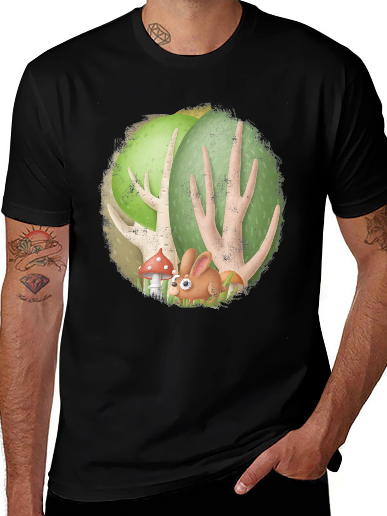 Cartoon Forest Bunny Black T-Shirt