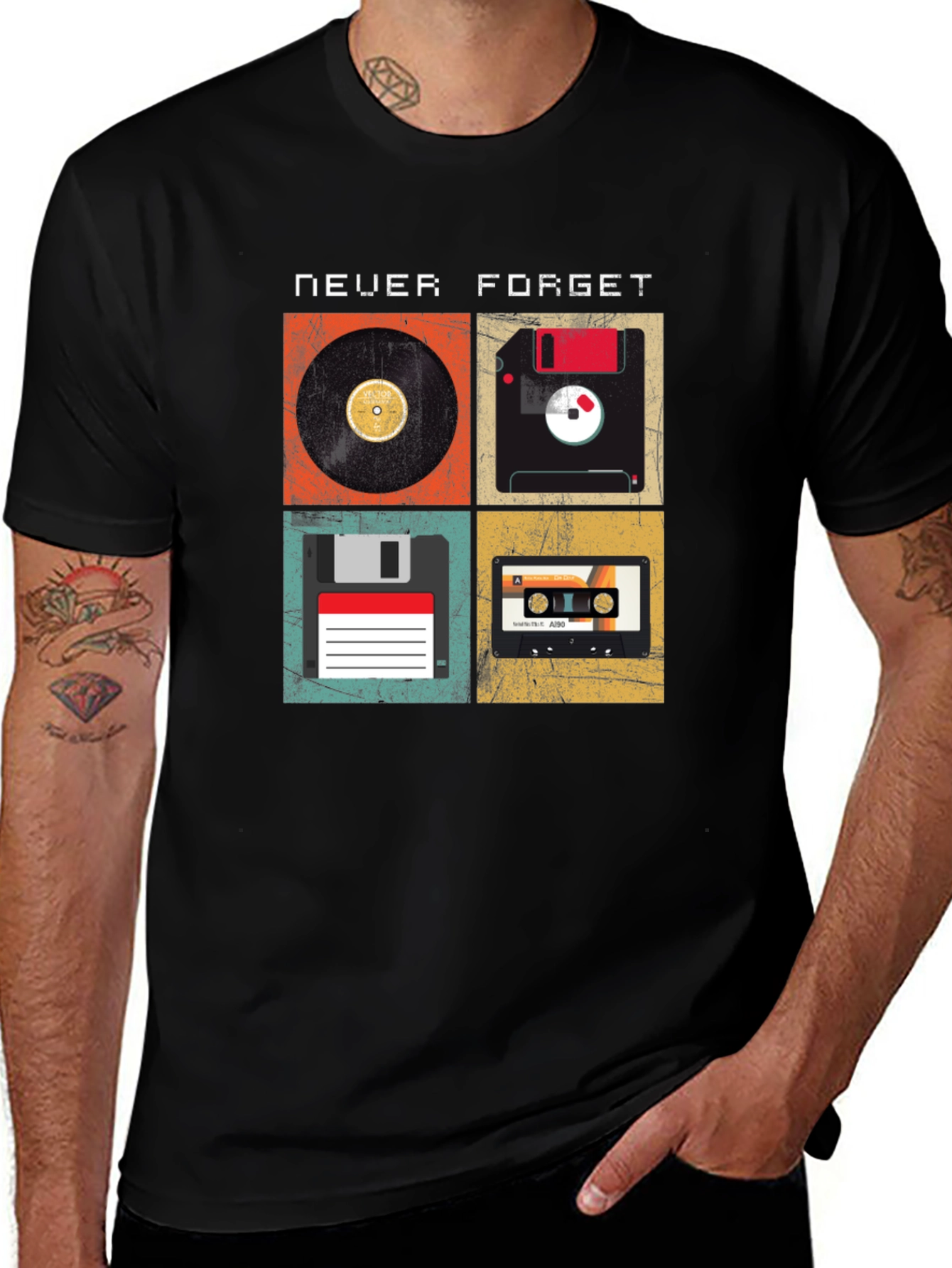 Retro Tech T-Shirt - Never Forget Vinyl Floppy Cassette