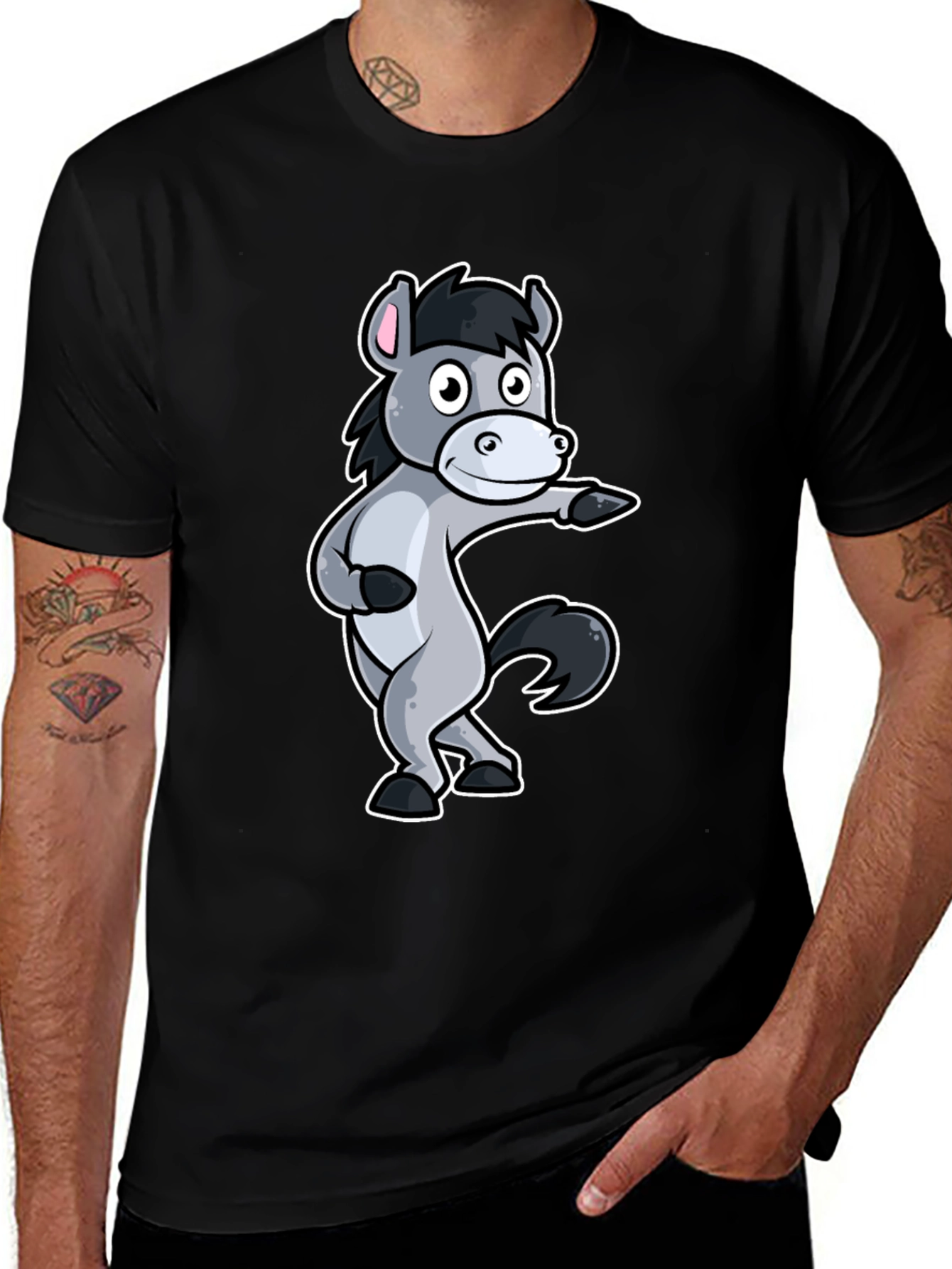 Cartoon Donkey Graphic Tee - Black Cotton Blend Casual T-Shirt