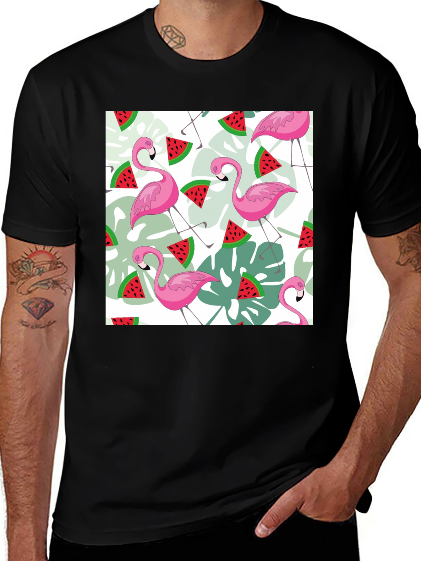 Variant 10 of Flamingo & Watermelon Print Black T-Shirt