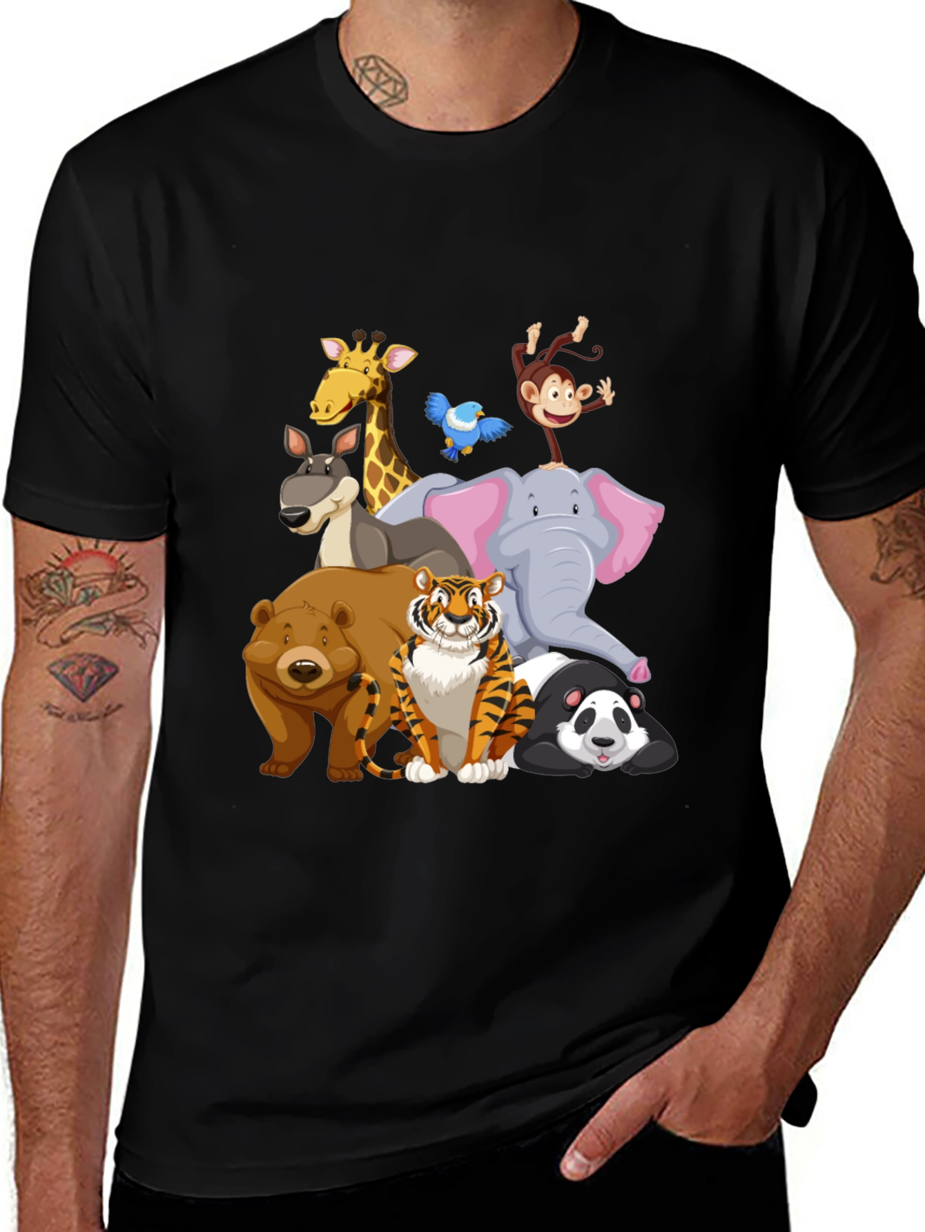 Variant 26 of Cartoon Animals Crew Neck Black T-Shirt
