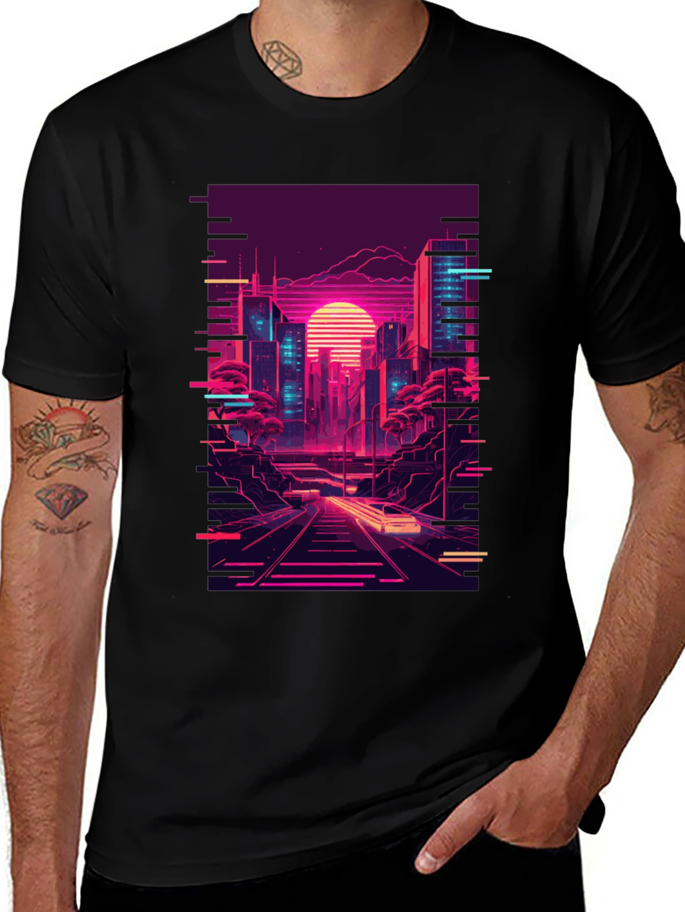 Variant 22 of Neon Cityscape Graphic Tee - Retro Synthwave Design