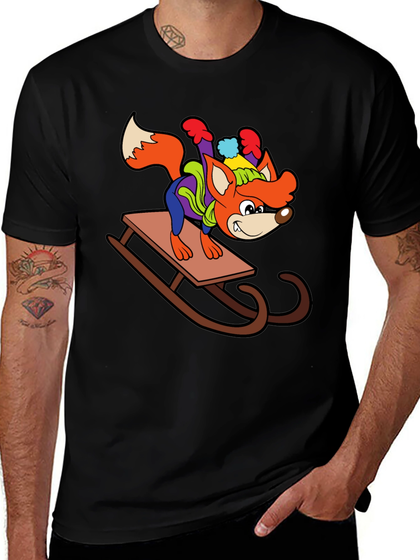 Variant 4 of Fox Sledding Graphic T-Shirt - Whimsical Winter Fun