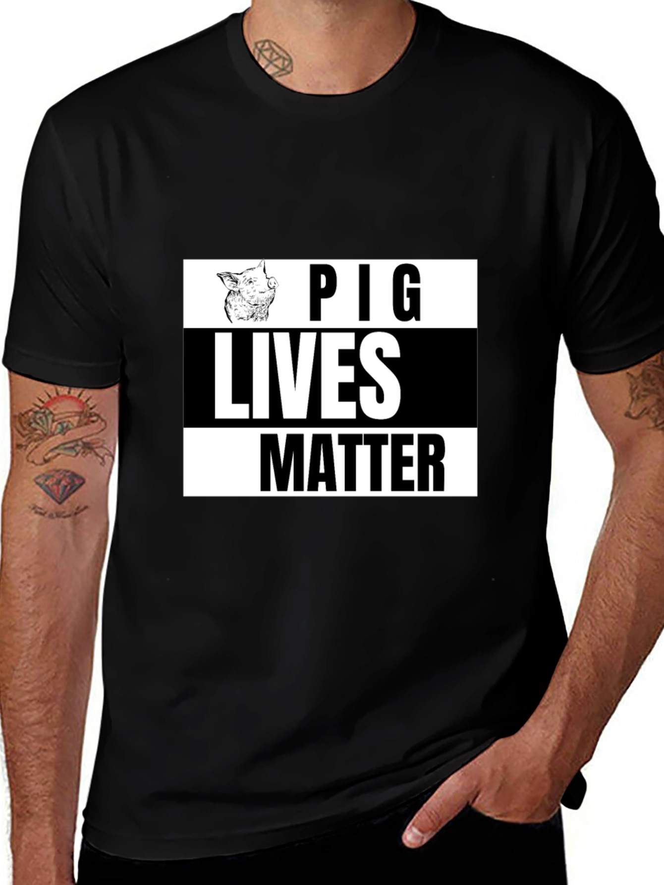 Variant 6 of Pig Lives Matter Graphic Tee - Black Crew Neck Shirt