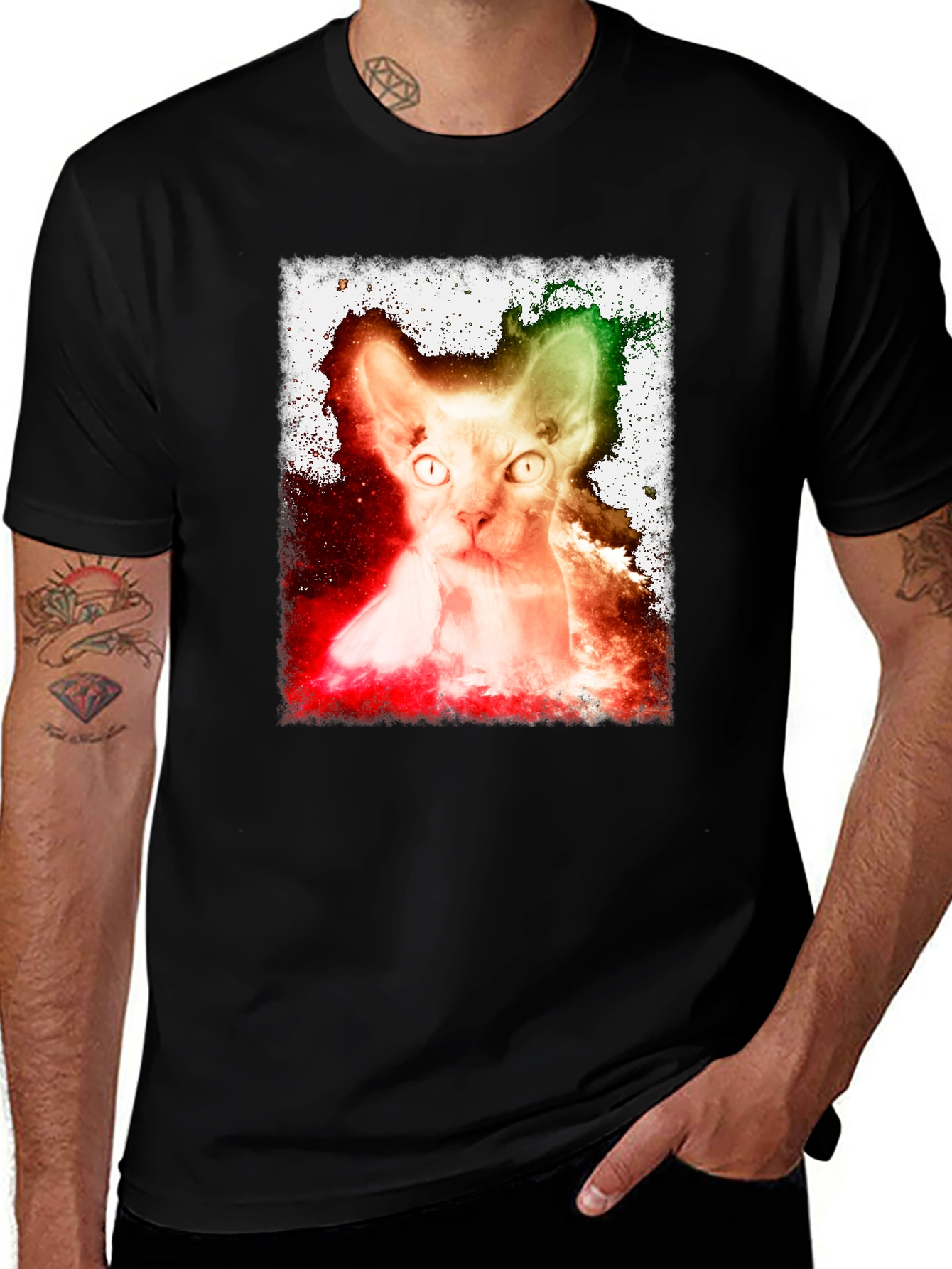 Variant 23 of Sphynx Cat Galaxy Print Black T-Shirt
