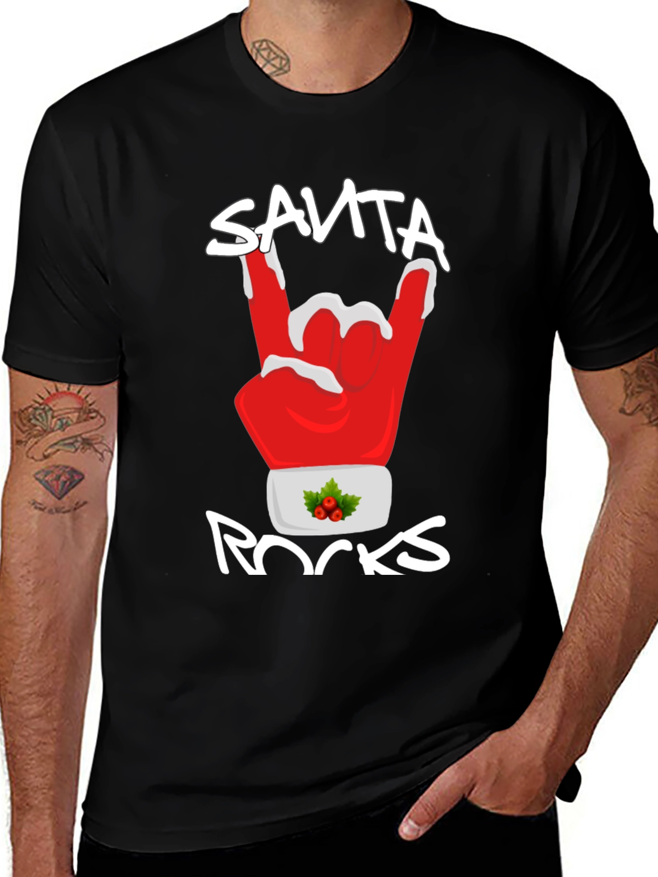 Santa Rocks T-Shirt - Christmas Rock On Hand Sign