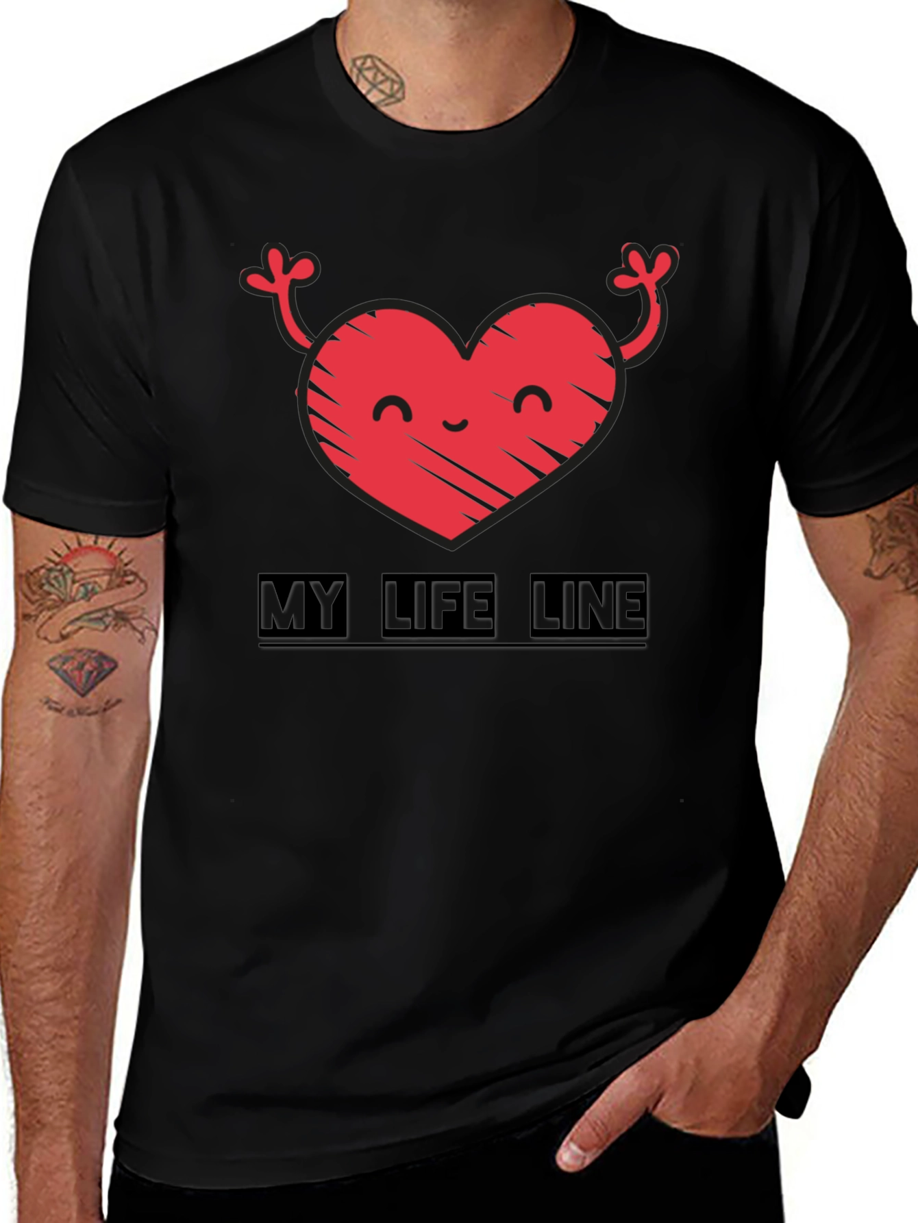 Variant 7 of My Life Line Heart Graphic Tee - Black Crew Neck T-Shirt
