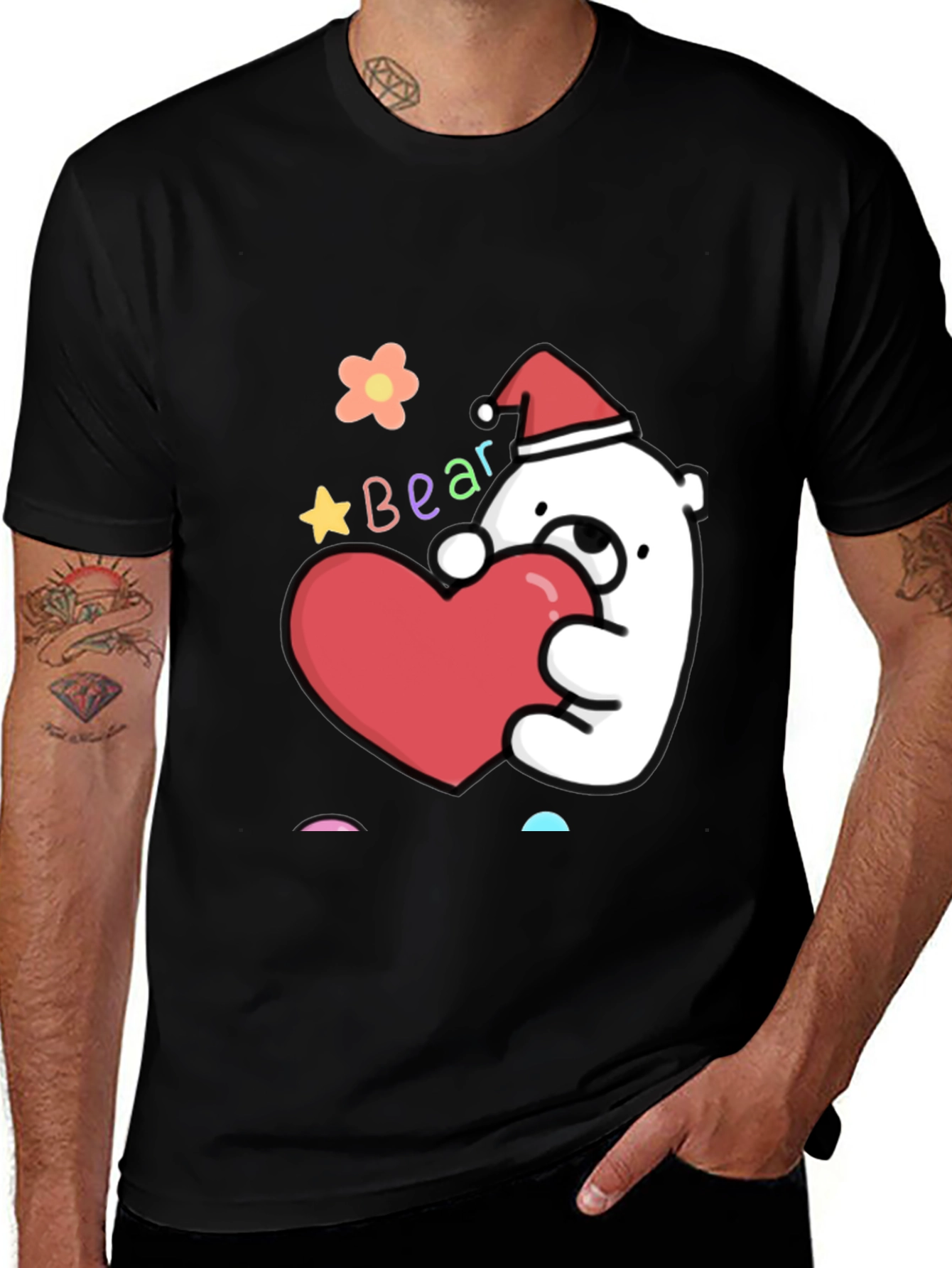 Variant 4 of Cute Bear with Heart Graphic Tee - Black