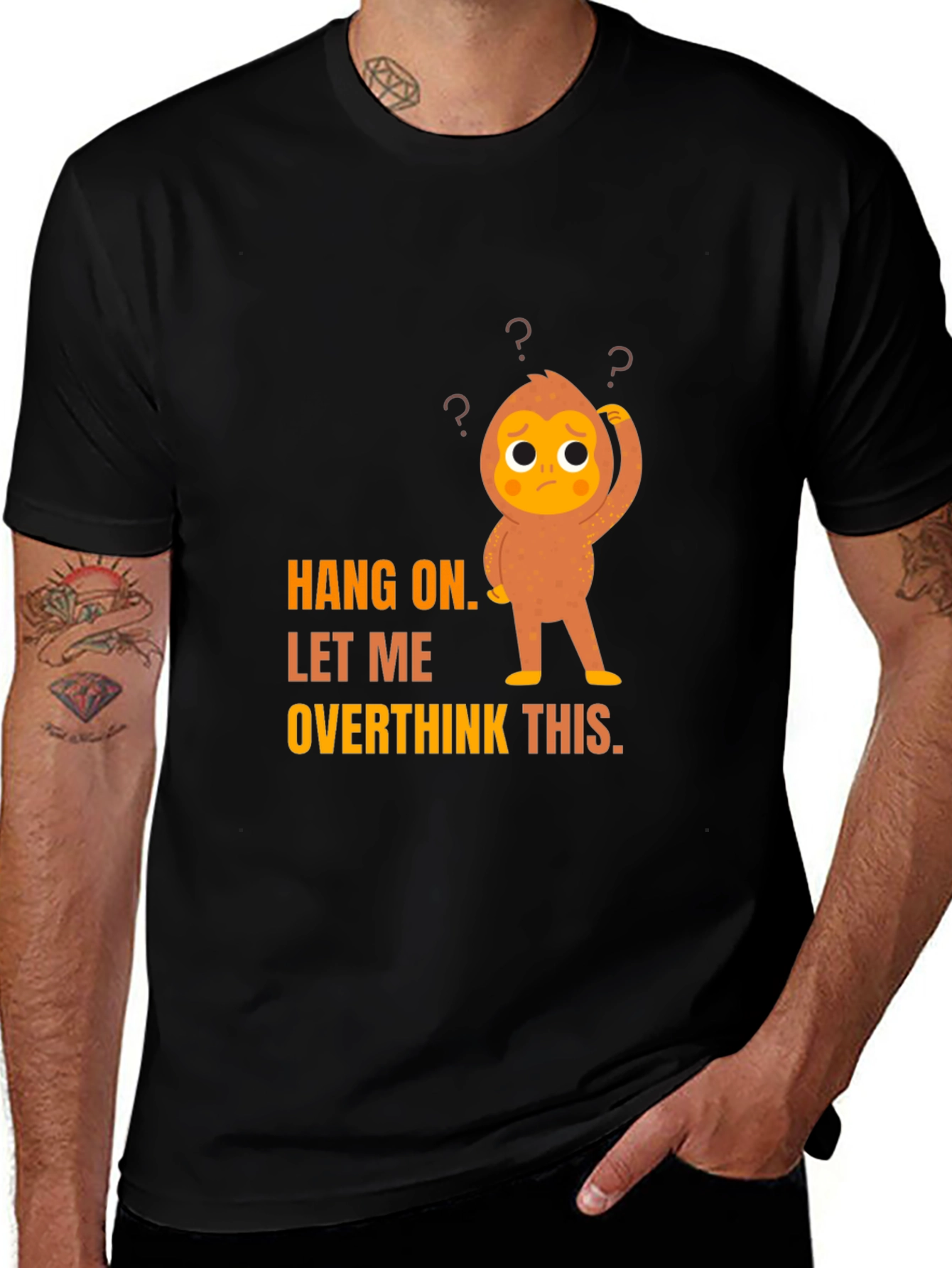 Hang On Overthink Cartoon Monkey Black T-shirt