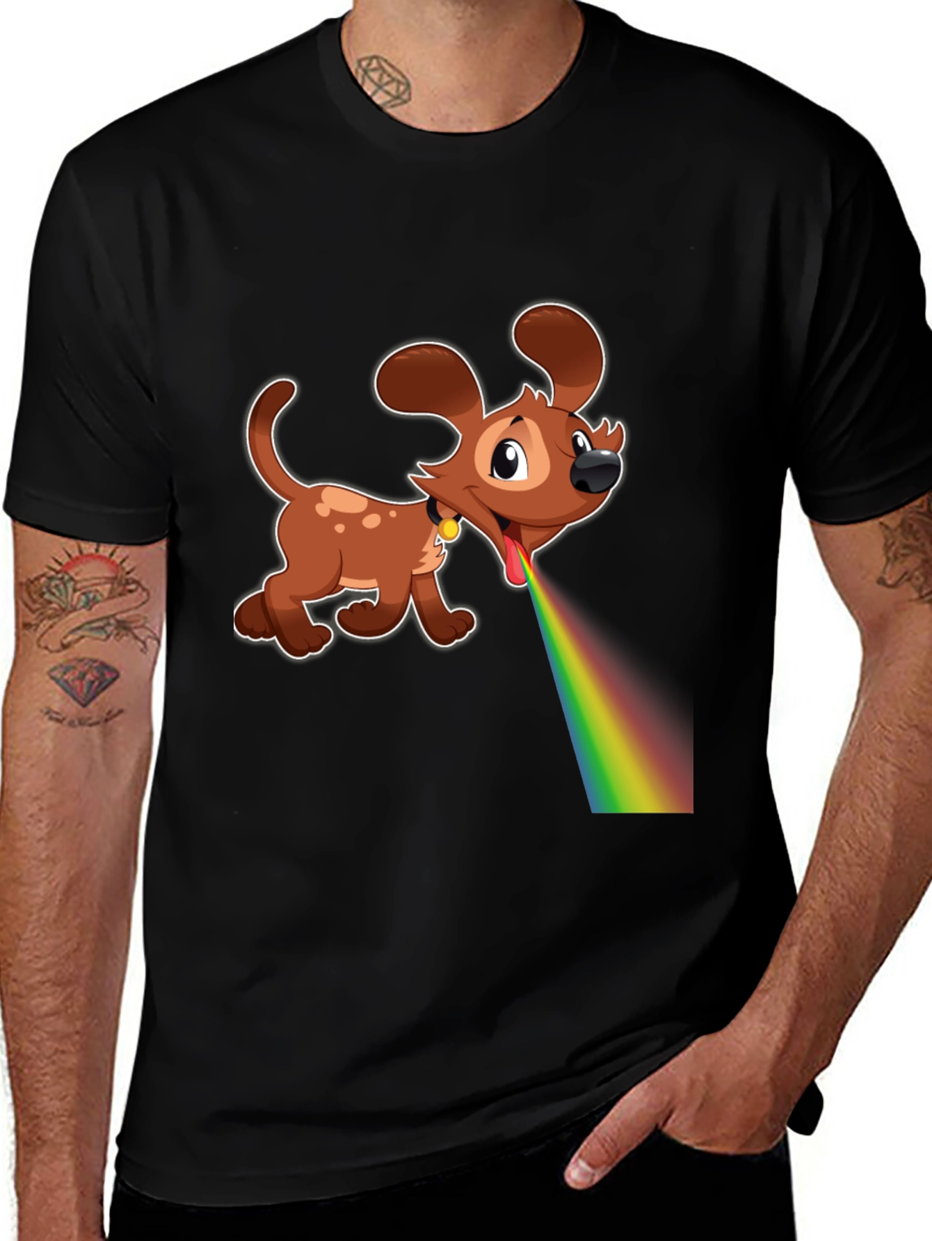 Variant 5 of Cartoon Dog Rainbow Vomit Black T-Shirt