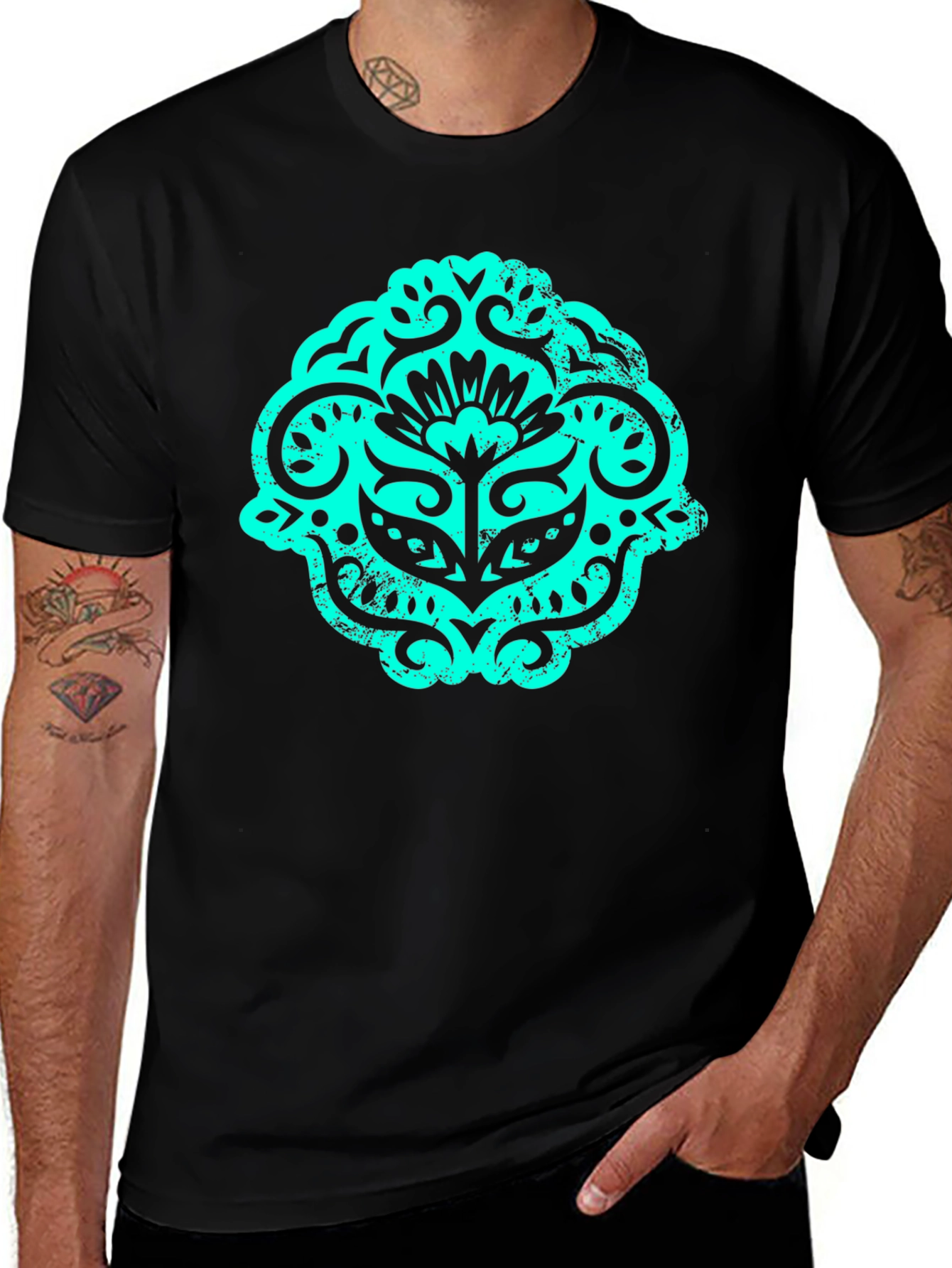 Variant 11 of Black T-Shirt with Teal Ornamental Graphic