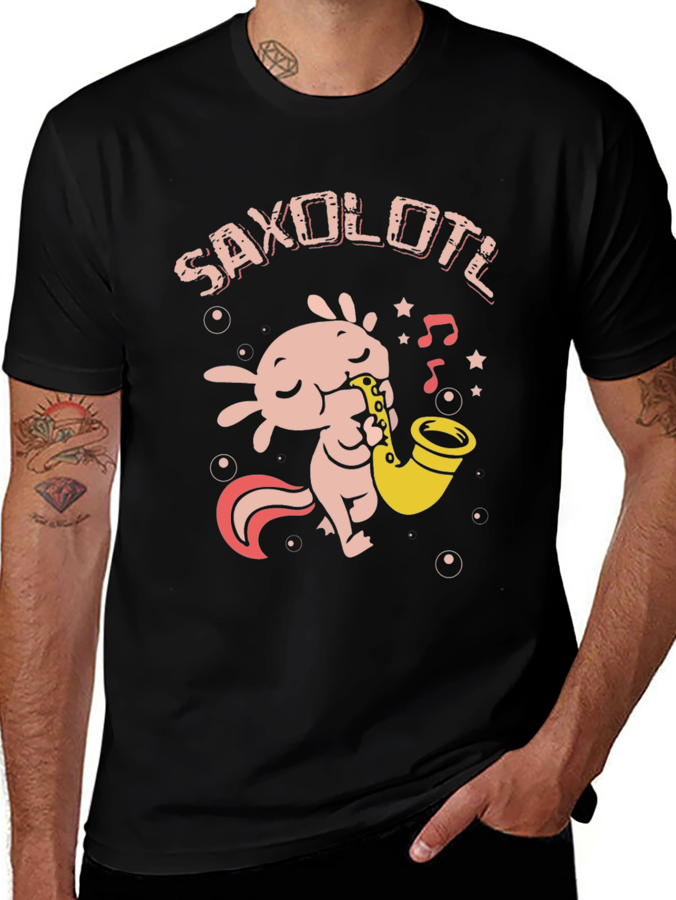 Variant 6 of Saxolotl Black T-Shirt - Axolotl Saxophone Player