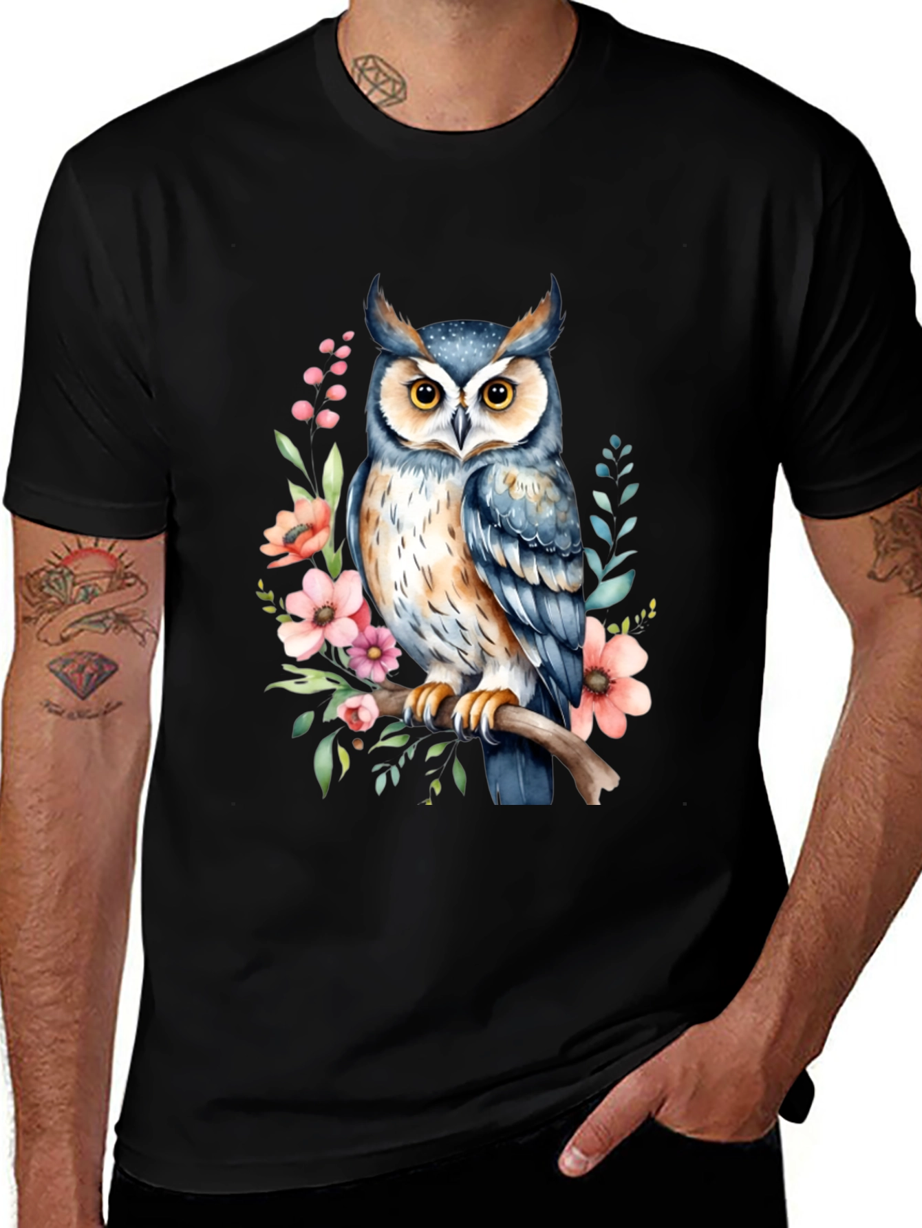 Variant 11 of Owl Floral Graphic Tee - Black Cotton Casual Shirt