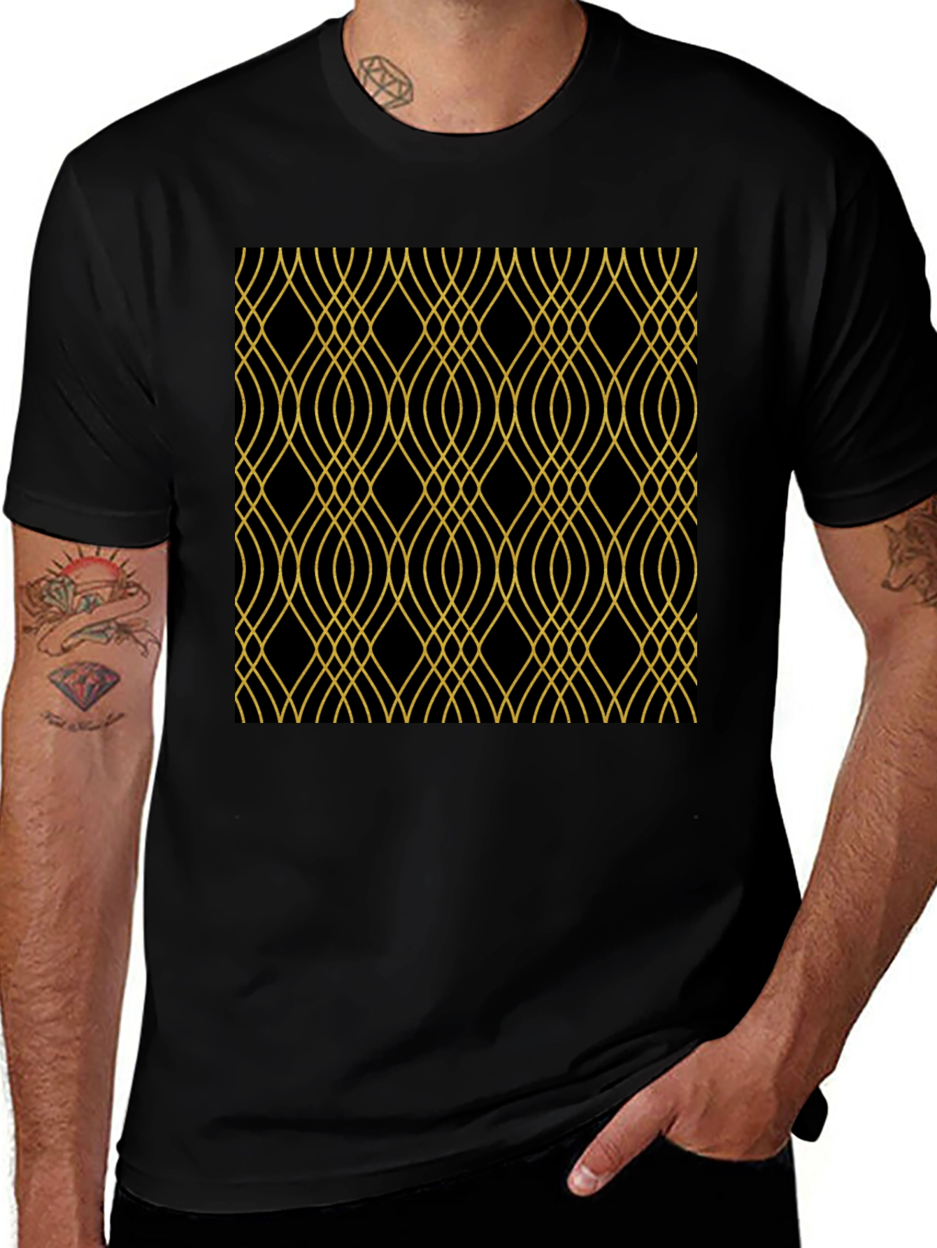 Variant 9 of Elegant Black Tee with Gold Geometric Pattern