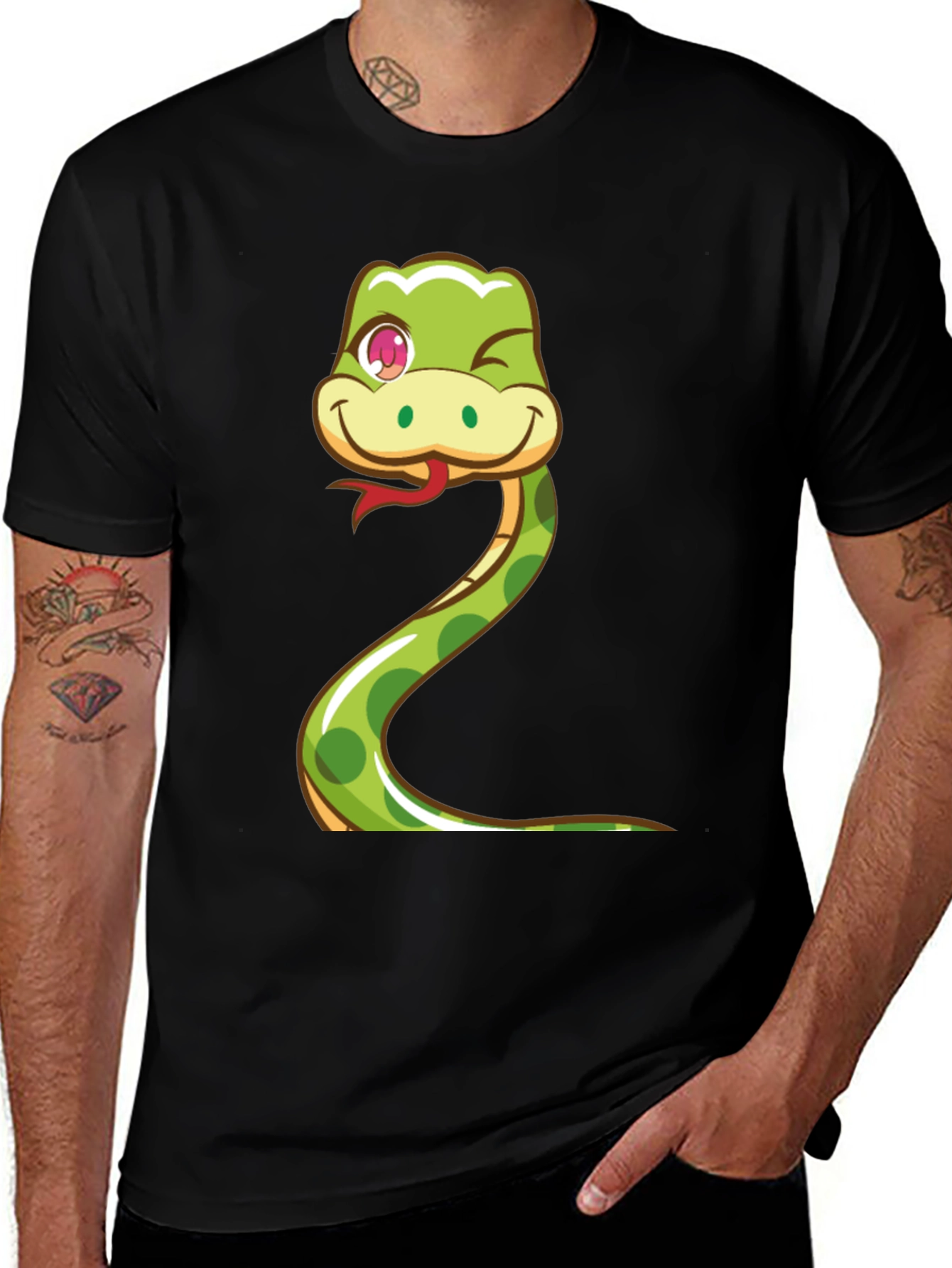 Variant 5 of Cute Snake Cartoon Graphic Tee - Black Cotton T-Shirt