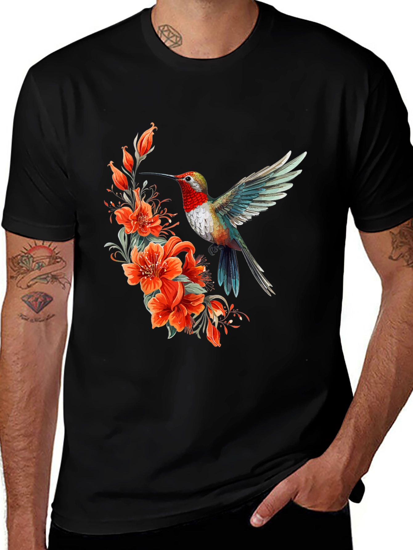 Variant 26 of Hummingbird & Floral Print Black T-Shirt