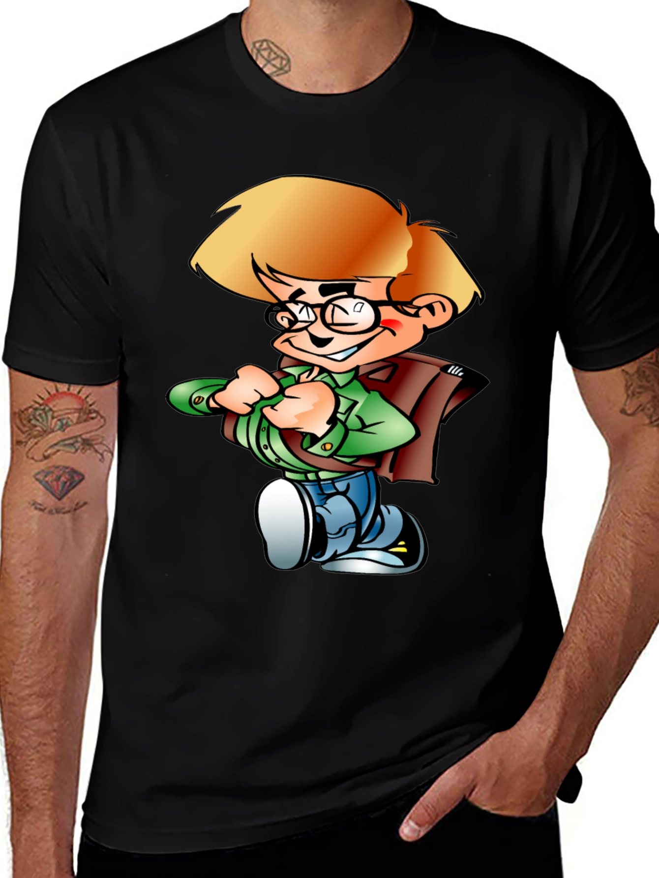 Variant 5 of Cartoon Boy Graphic Tee - Black Cotton Shirt