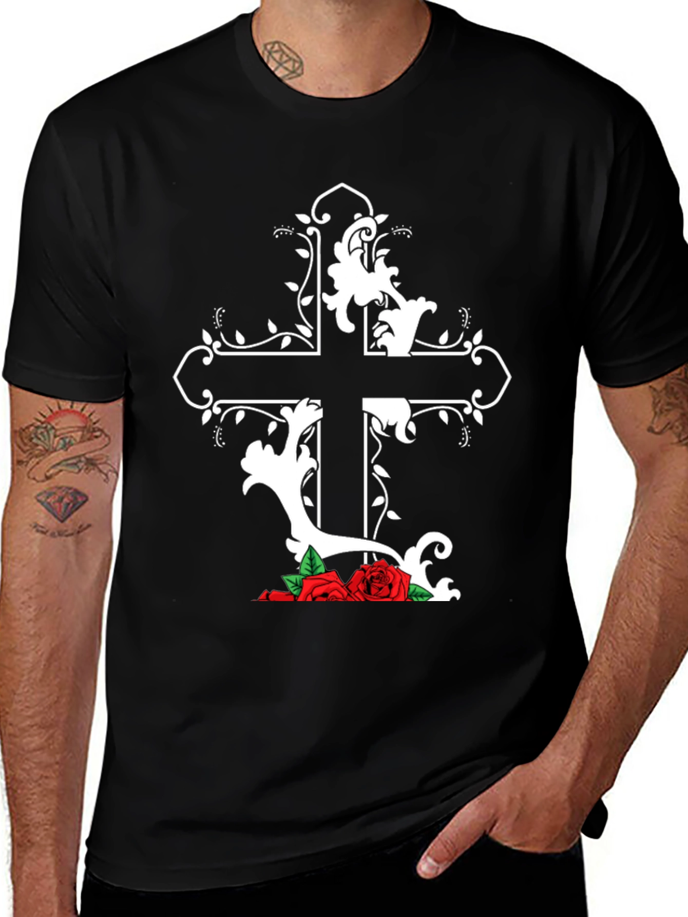 Variant 20 of Gothic Cross & Roses Black T-Shirt