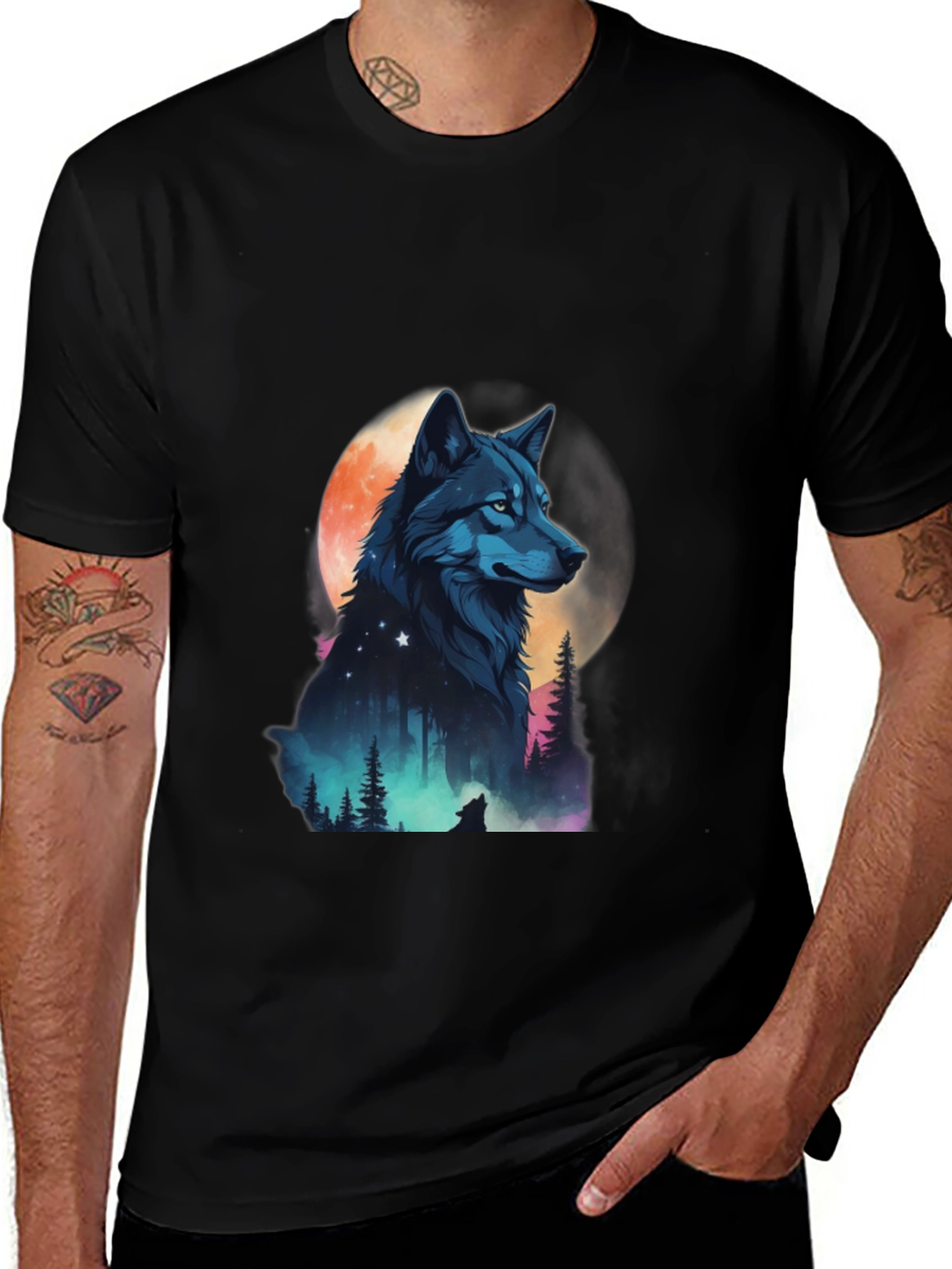 Variant 20 of Wolf Moon Graphic Tee - Black Cotton Blend