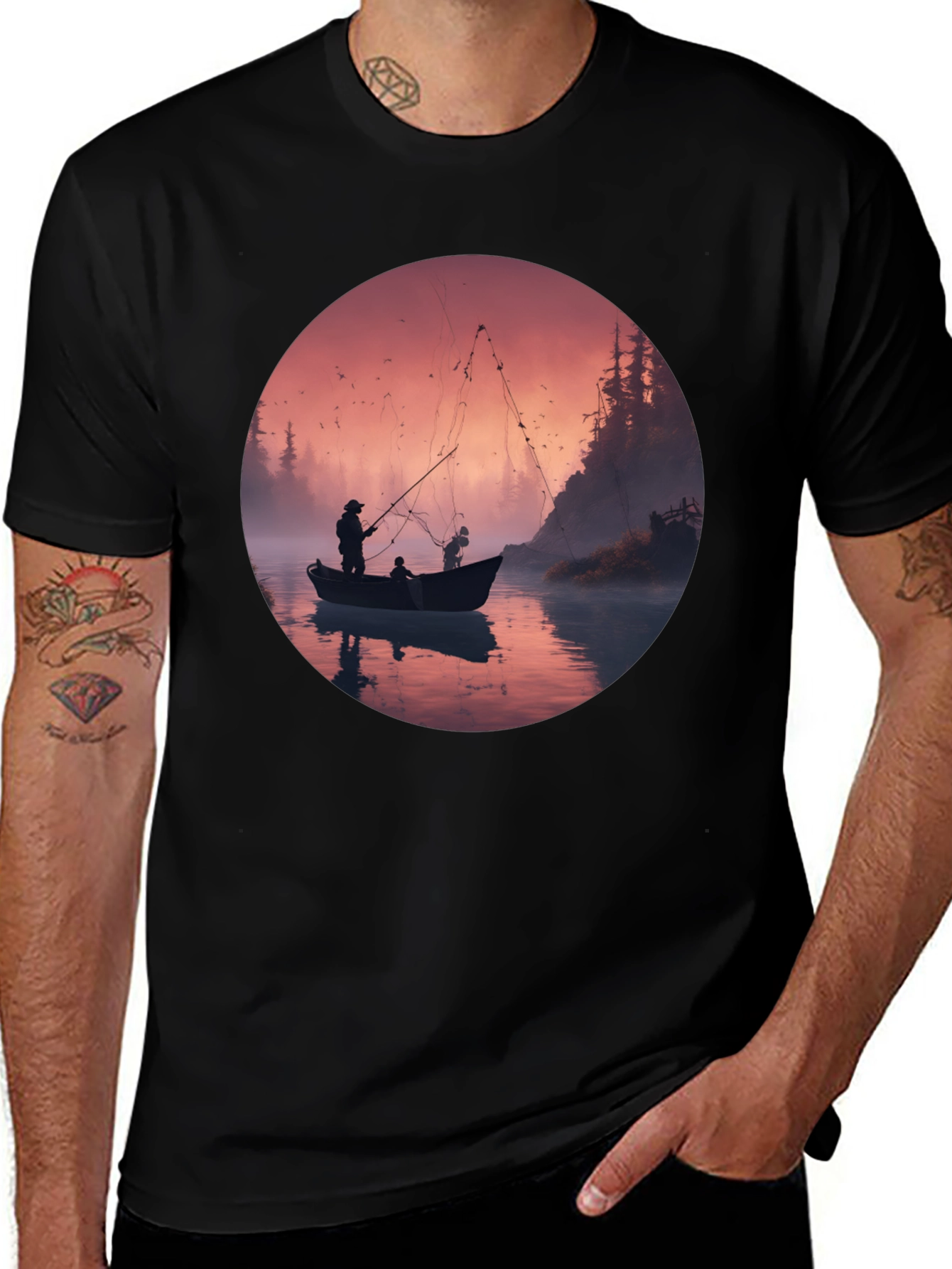 Variant 6 of Fishing Scene Graphic Print Black T-Shirt