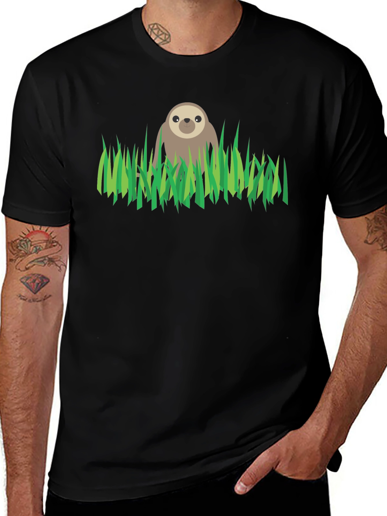 Variant 18 of Sloth in Grass Graphic Tee - Black Cotton T-Shirt
