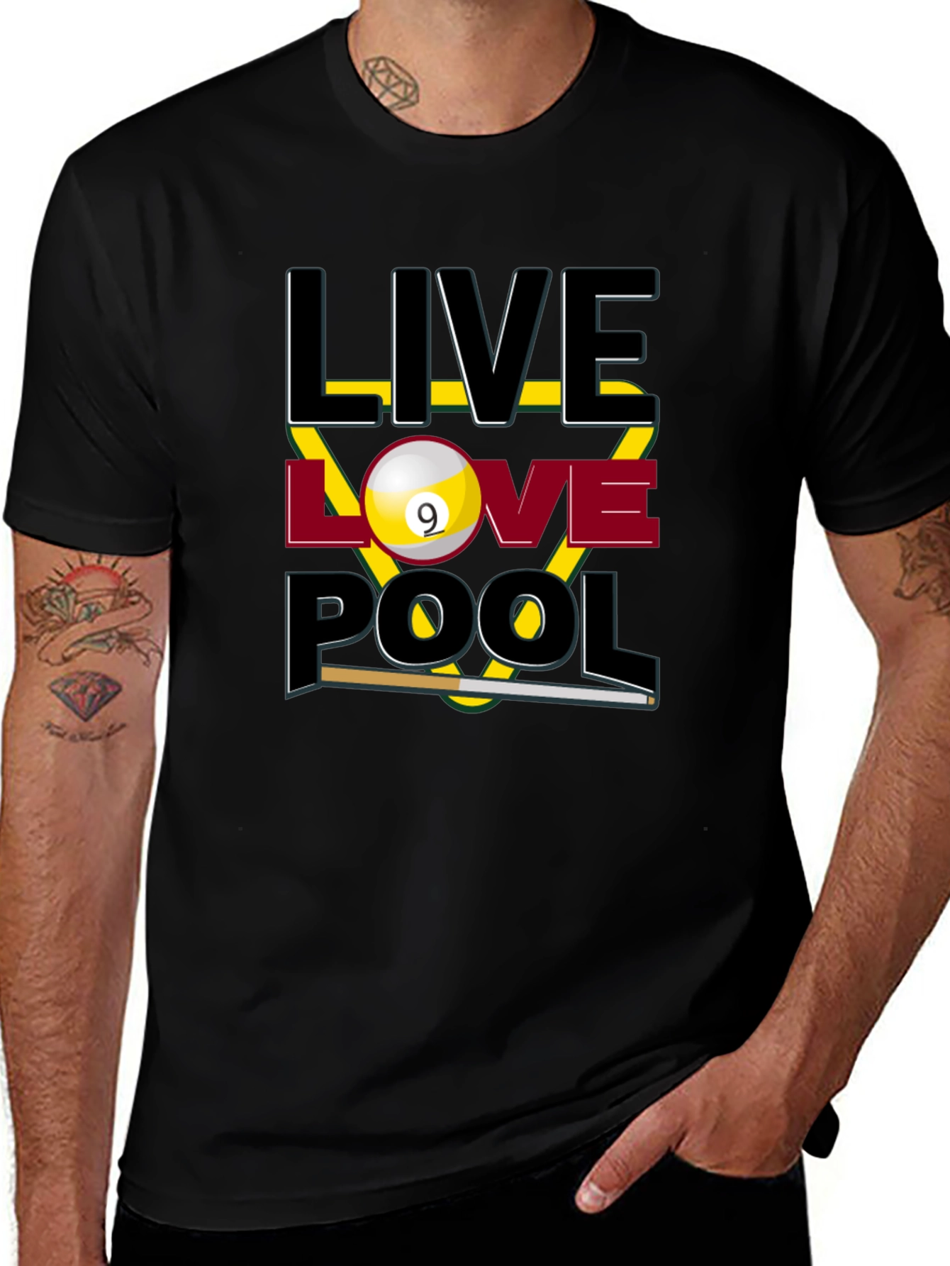Variant 9 of Live Love Pool Graphic T-Shirt - Billiards Player Tee