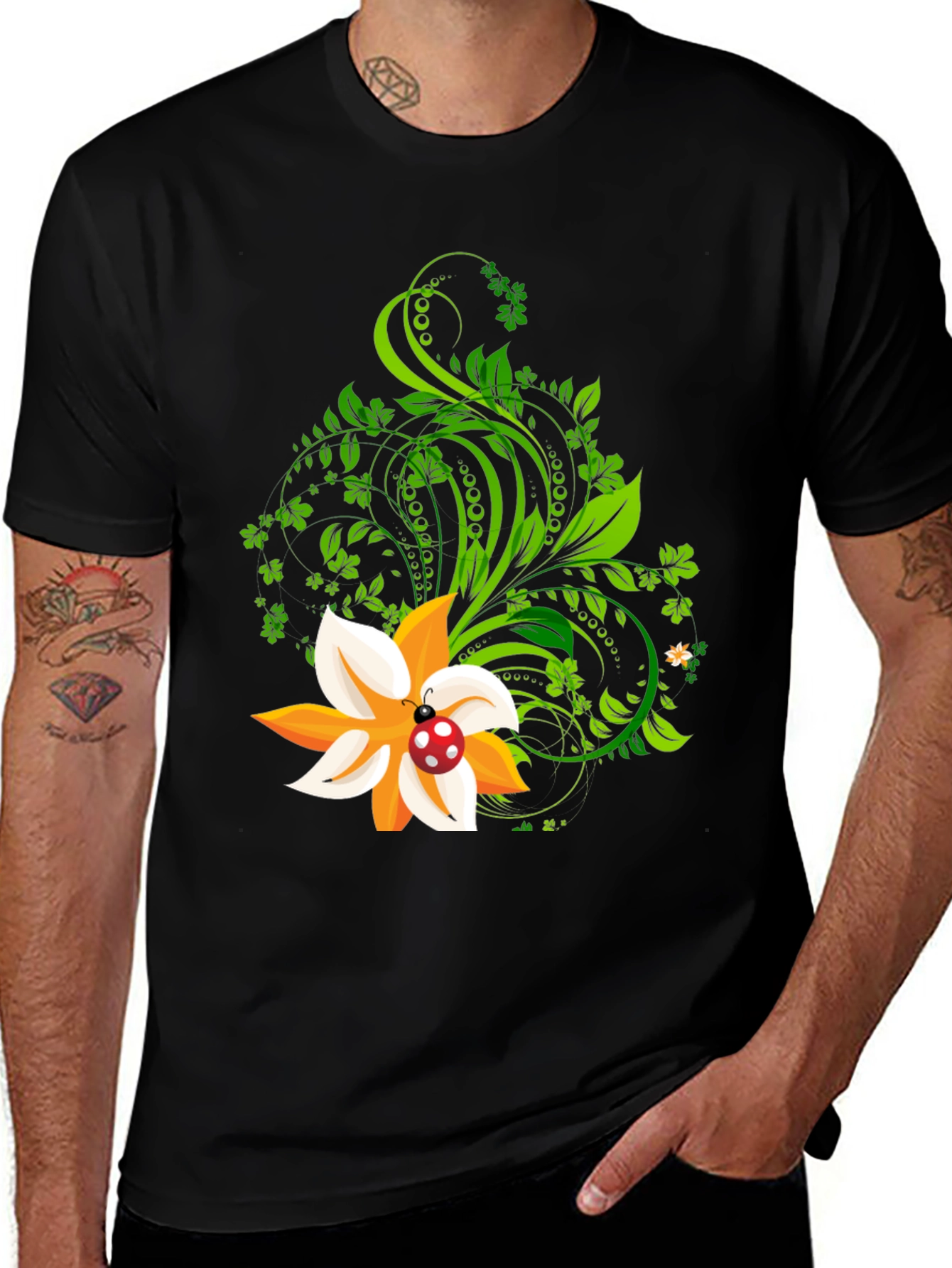 Variant 11 of Floral Ladybug Graphic Tee - Stylish Black Cotton T-Shirt