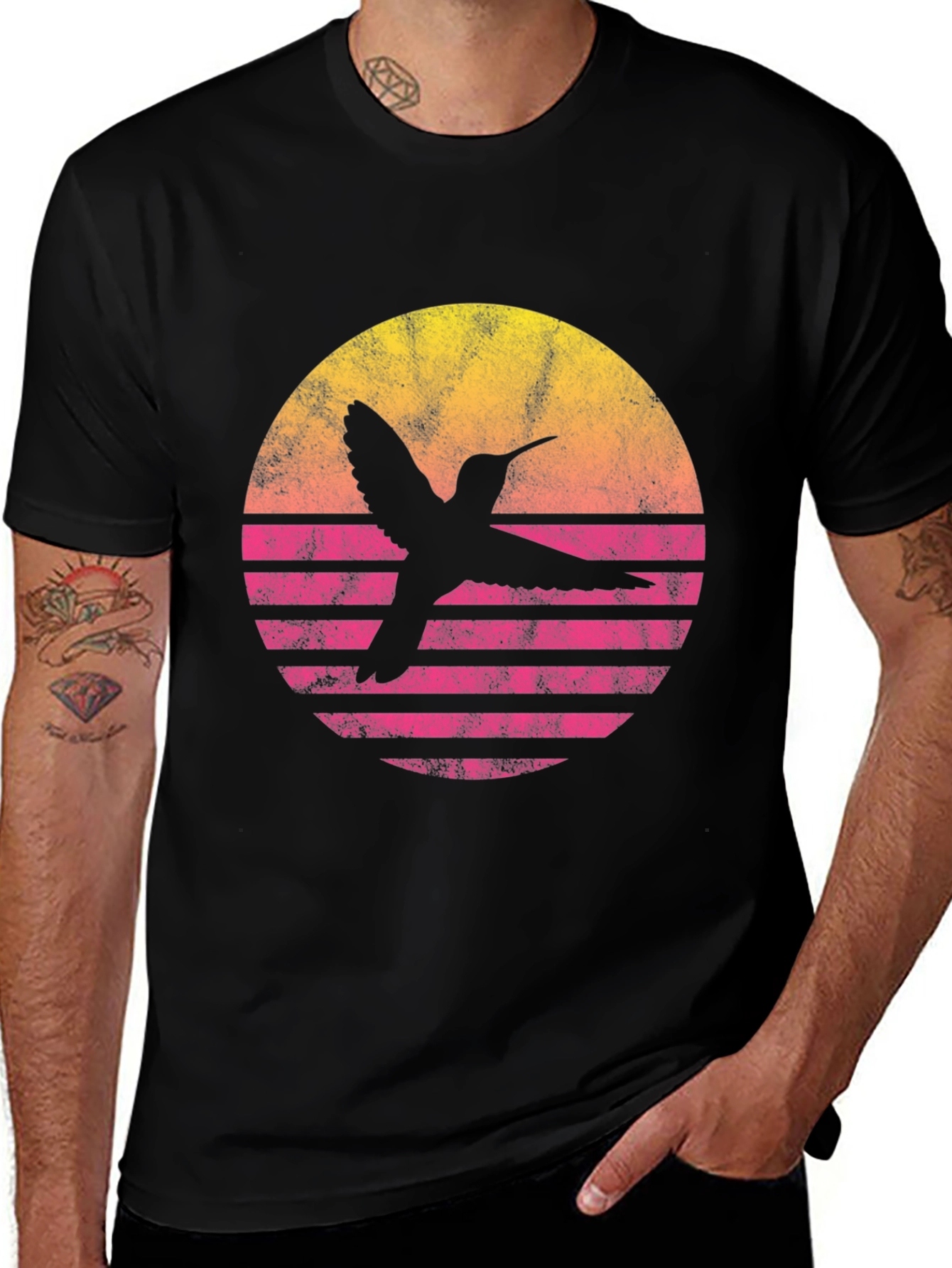 Variant 24 of Retro Hummingbird Sunset Graphic Tee - Black Cotton Blend