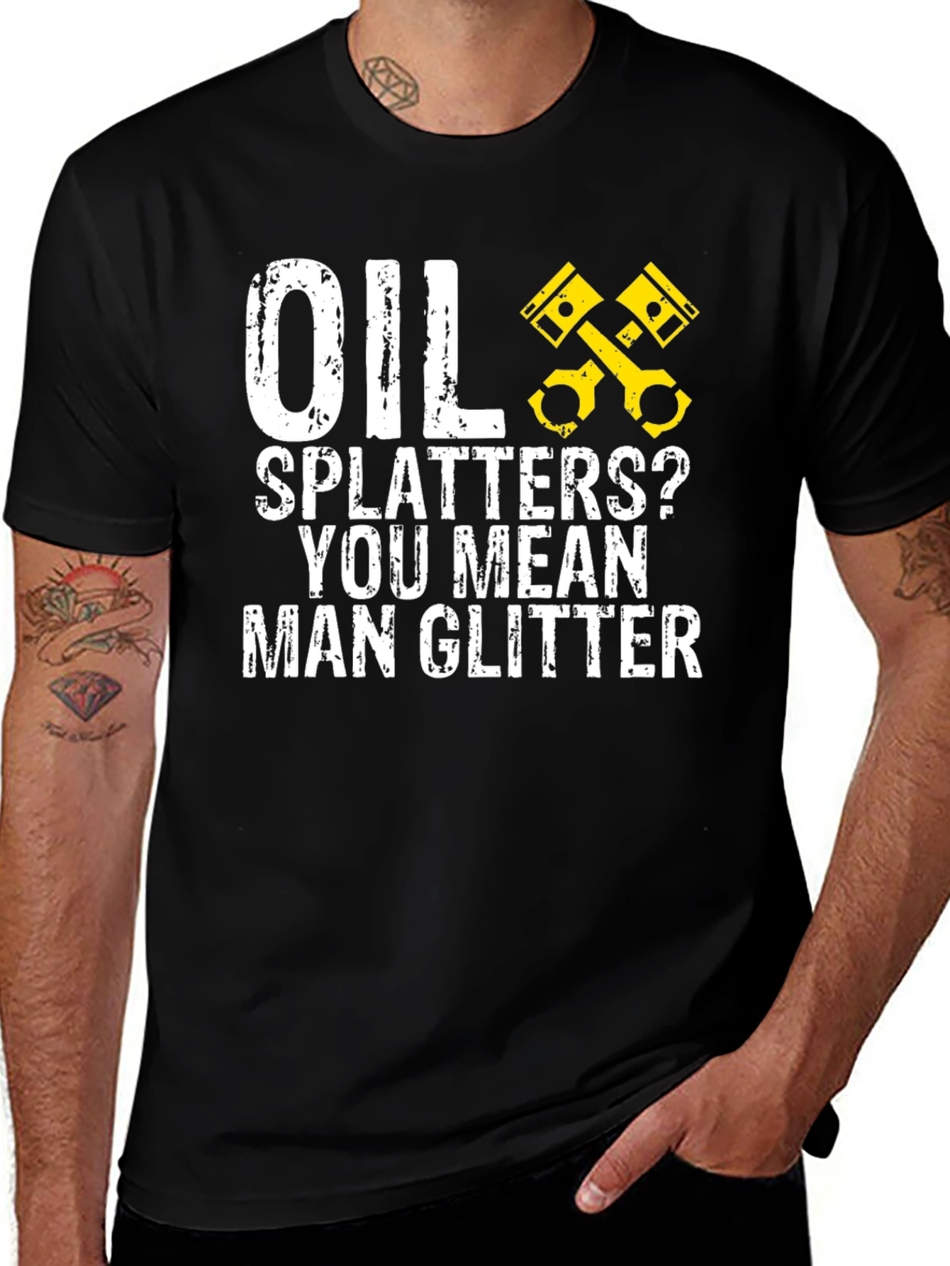 Oil Splatters? Man Glitter Black Graphic Tee