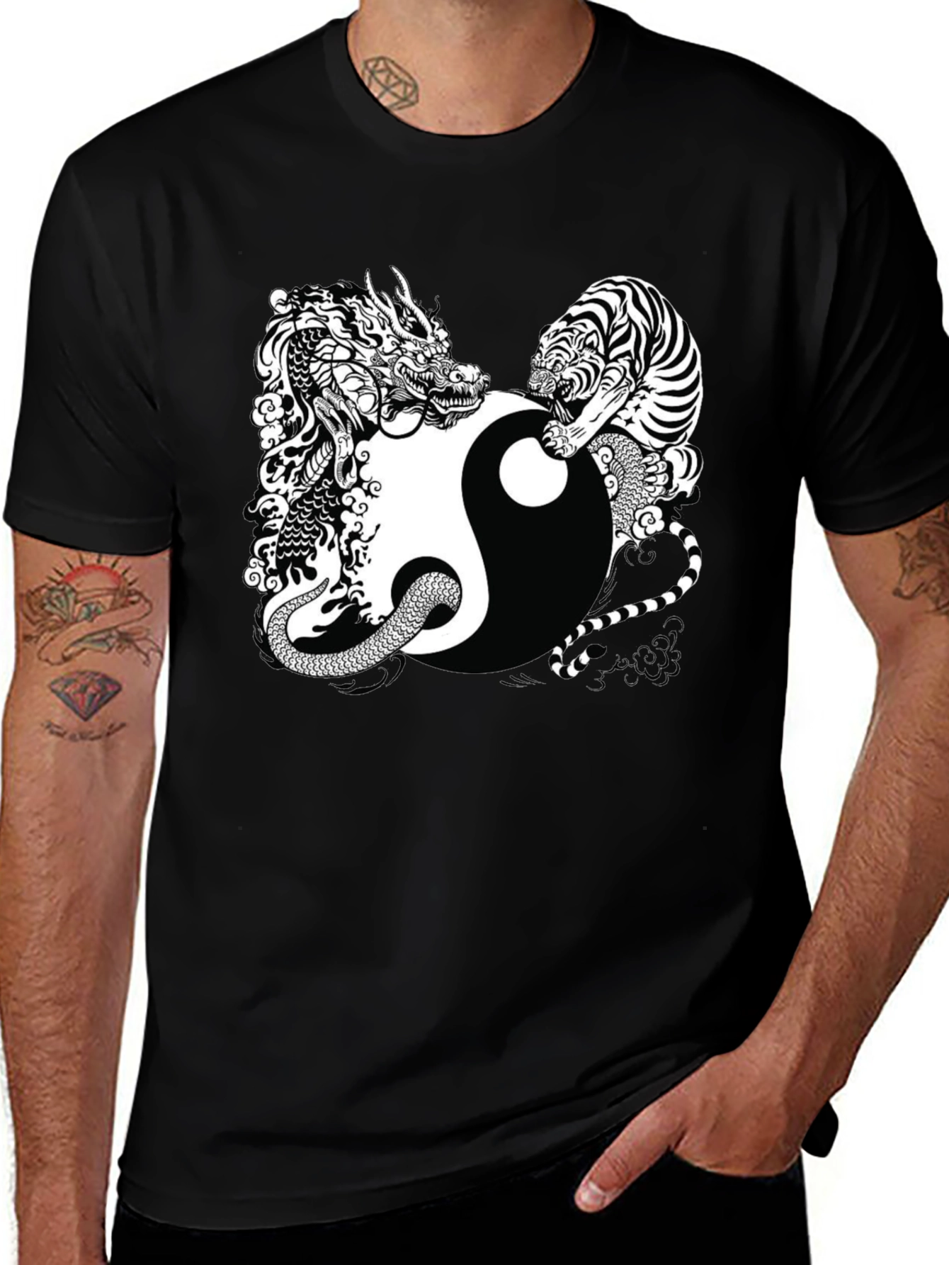 Variant 7 of Yin Yang Dragon Tiger Graphic Tee - Balance & Power