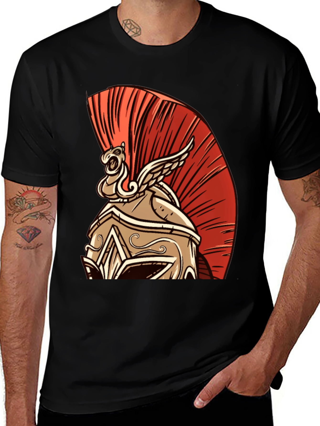 Spartan Warrior Helmet Graphic Tee - Black Cotton Blend